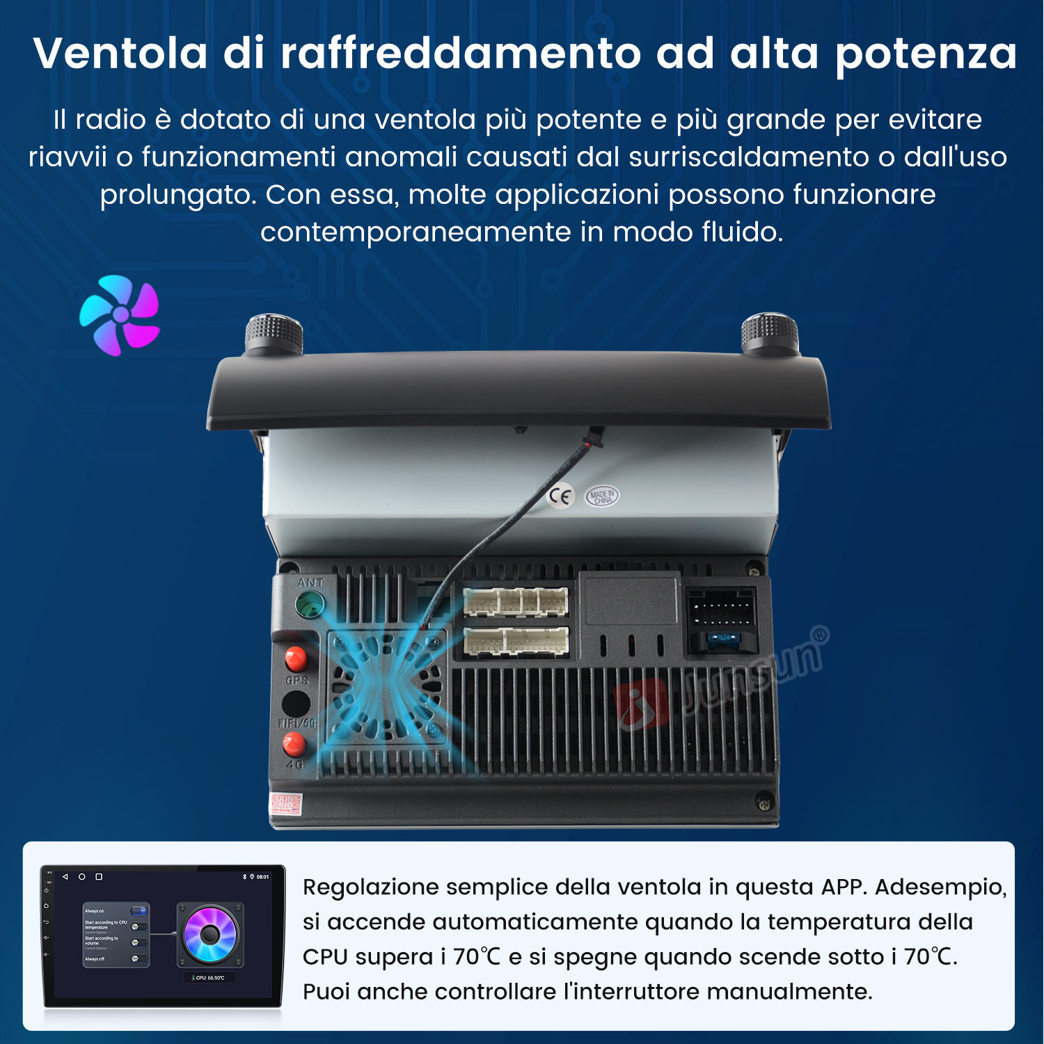 Autoradio con ventola di raffreddamento. La ventola è visibile sul retro. Un display in basso mostra la temperatura della CPU e le impostazioni della ventola.