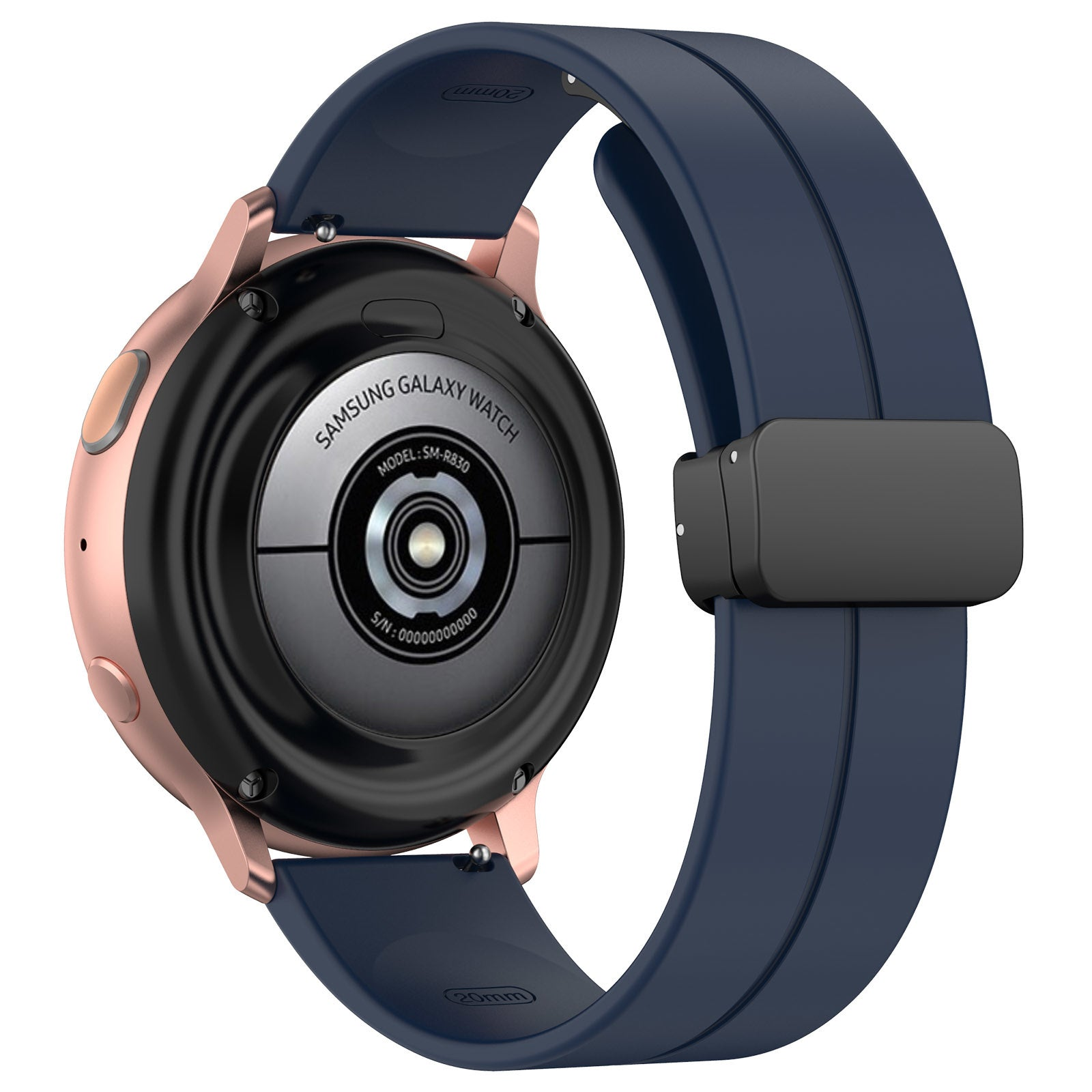 Eine roségoldene Samsung Galaxy Watch mit einem marineblauen Armband wird gezeigt. Die Rückseite der Uhr zeigt Modell- und Seriennummer.