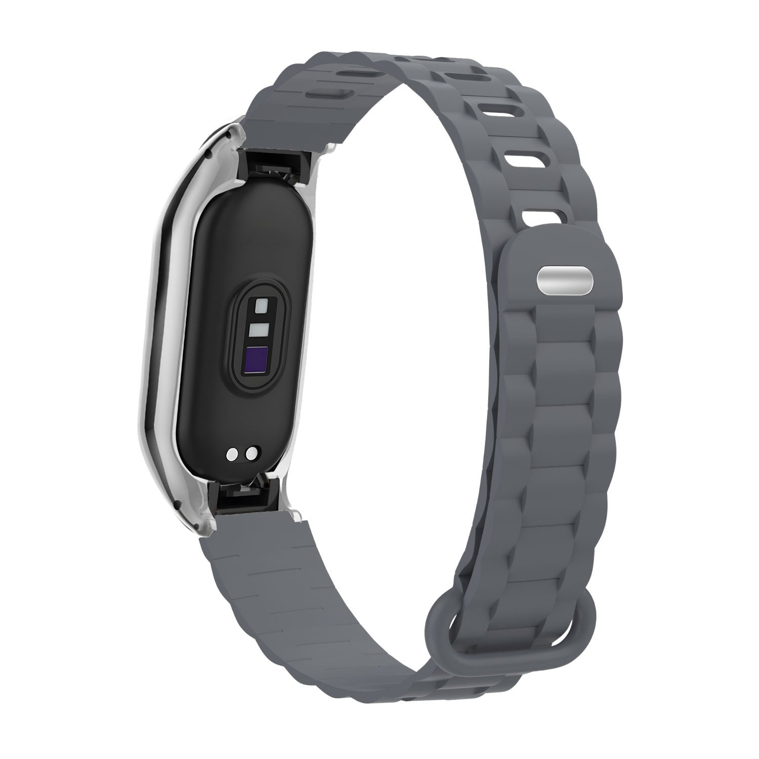 Ein graues Smartwatch-Armband mit schwarzem Display und silbernem Metallrahmen. Das Armband ist gebogen mit Schnallenverschluss.
