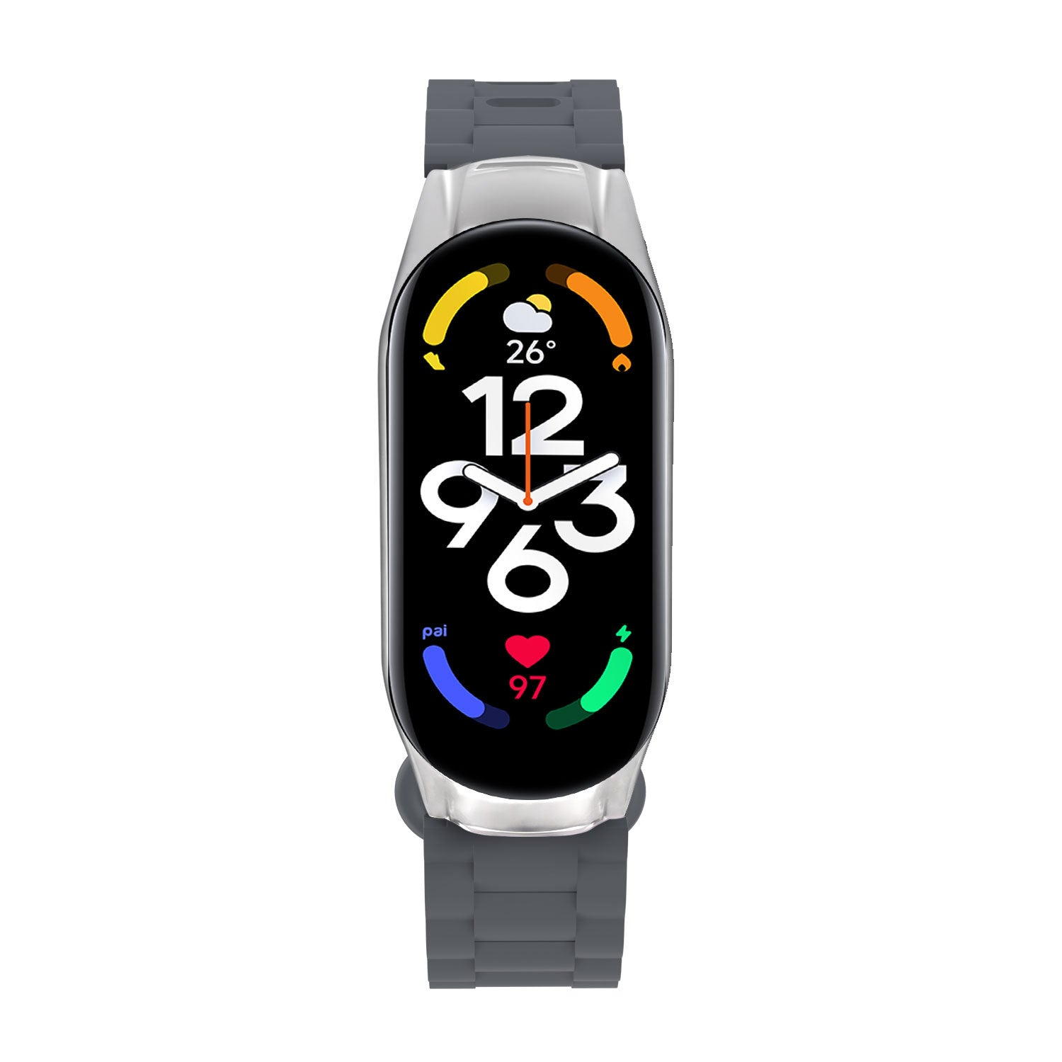 Eine Smartwatch zeigt die Uhrzeit 12:03, Temperatur 26 Grad und Gesundheitsdaten mit grauem Armband.