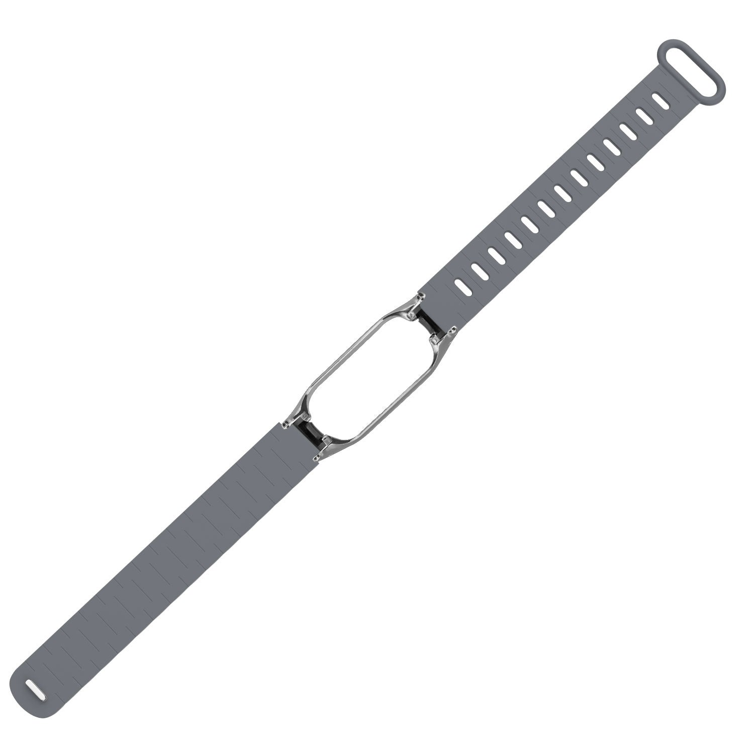 Ein graues Uhrenarmband mit silberner Schließe. Das Armband hat Löcher zur Anpassung und befindet sich auf weißem Hintergrund.