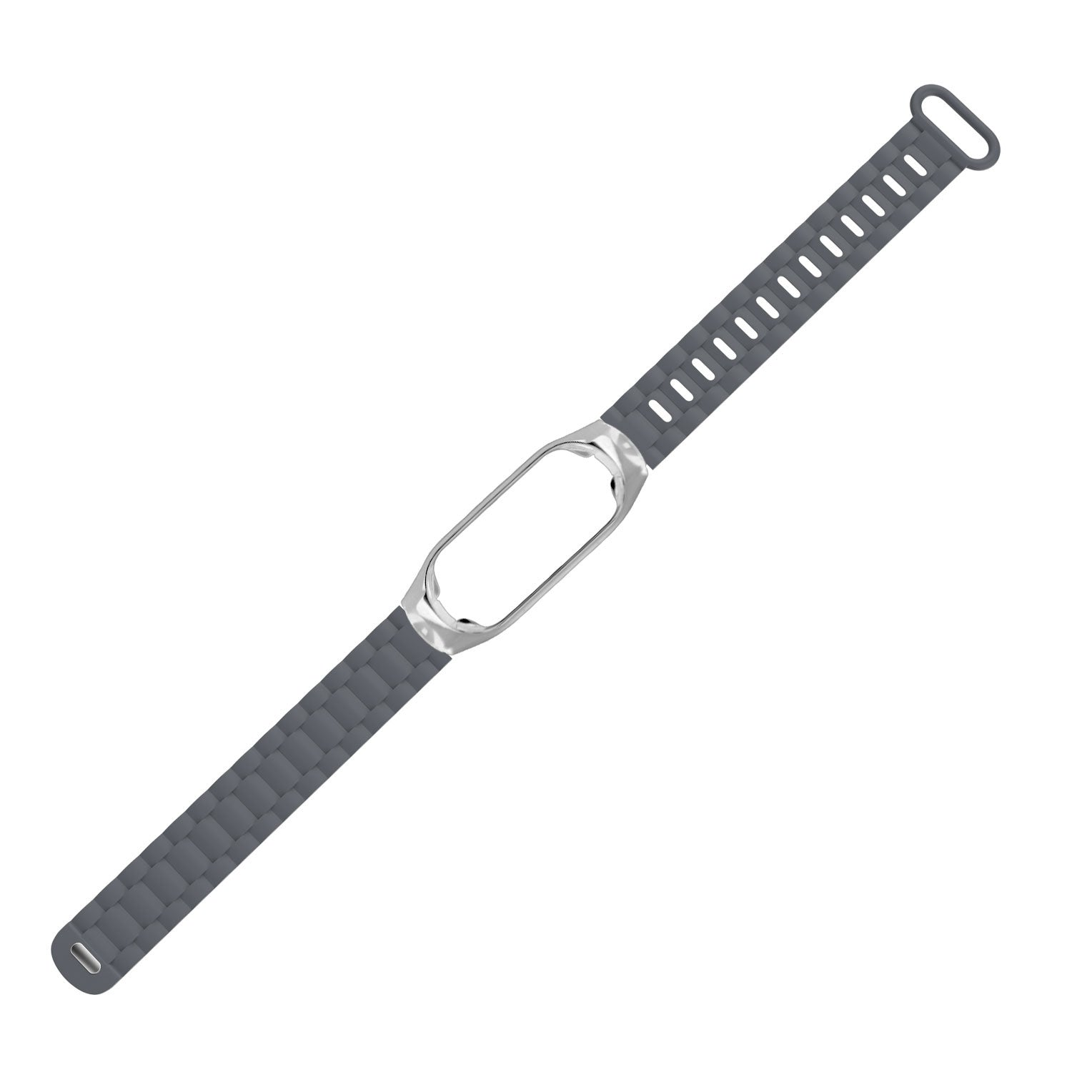 Graues Smartwatch-Armband auf weißem Hintergrund. Es hat einen silbernen Rahmen und ein strukturiertes Design.