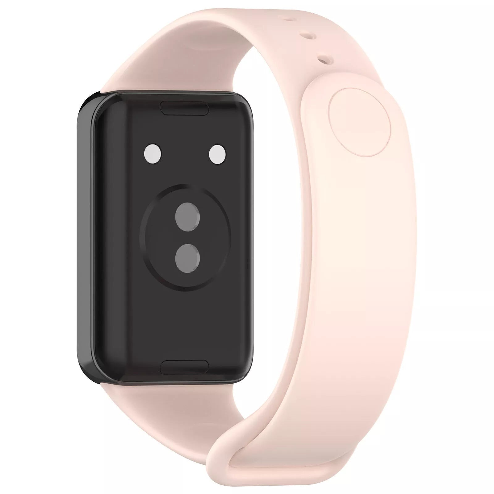 Eine schwarze Smartwatch mit rosa Armband. Die Uhr hat zwei weiße Punkte und zwei graue Punkte. Weißer Hintergrund.