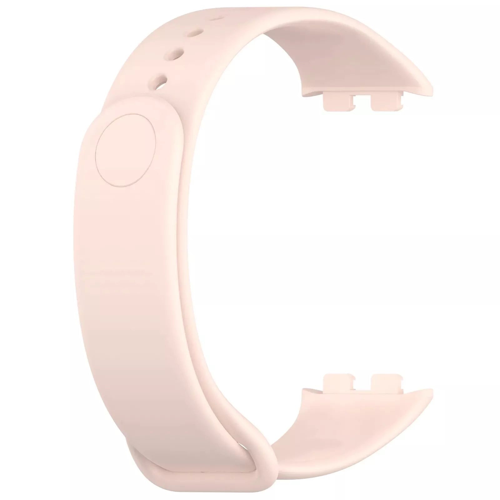 Ein hellrosa Uhrenarmband vor weißem Hintergrund. Das Band hat Löcher zur Anpassung und einen Verschluss.