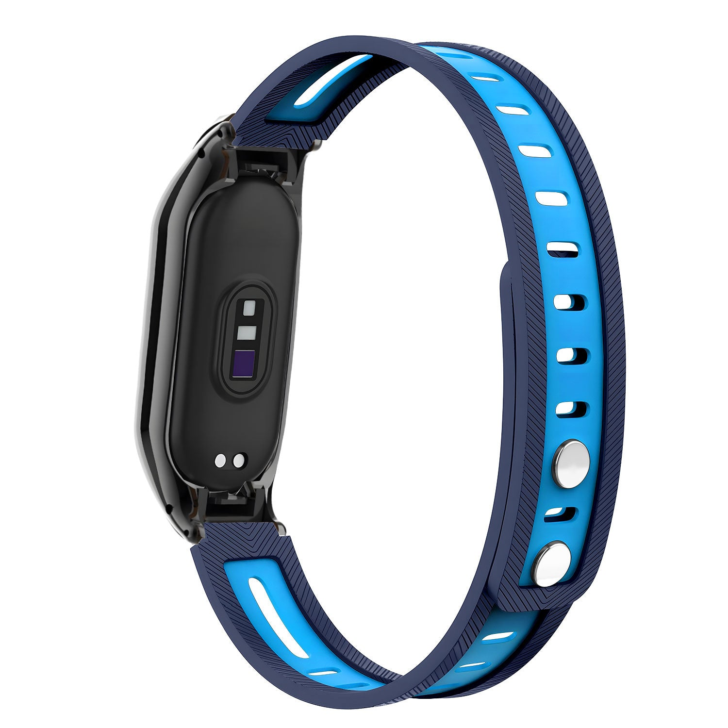 Ein blaues und schwarzes Smartwatch-Armband wird vor einem weißen Hintergrund dargestellt. Das Armband hat einen digitalen Bildschirm und ein zweifarbiges Design.
