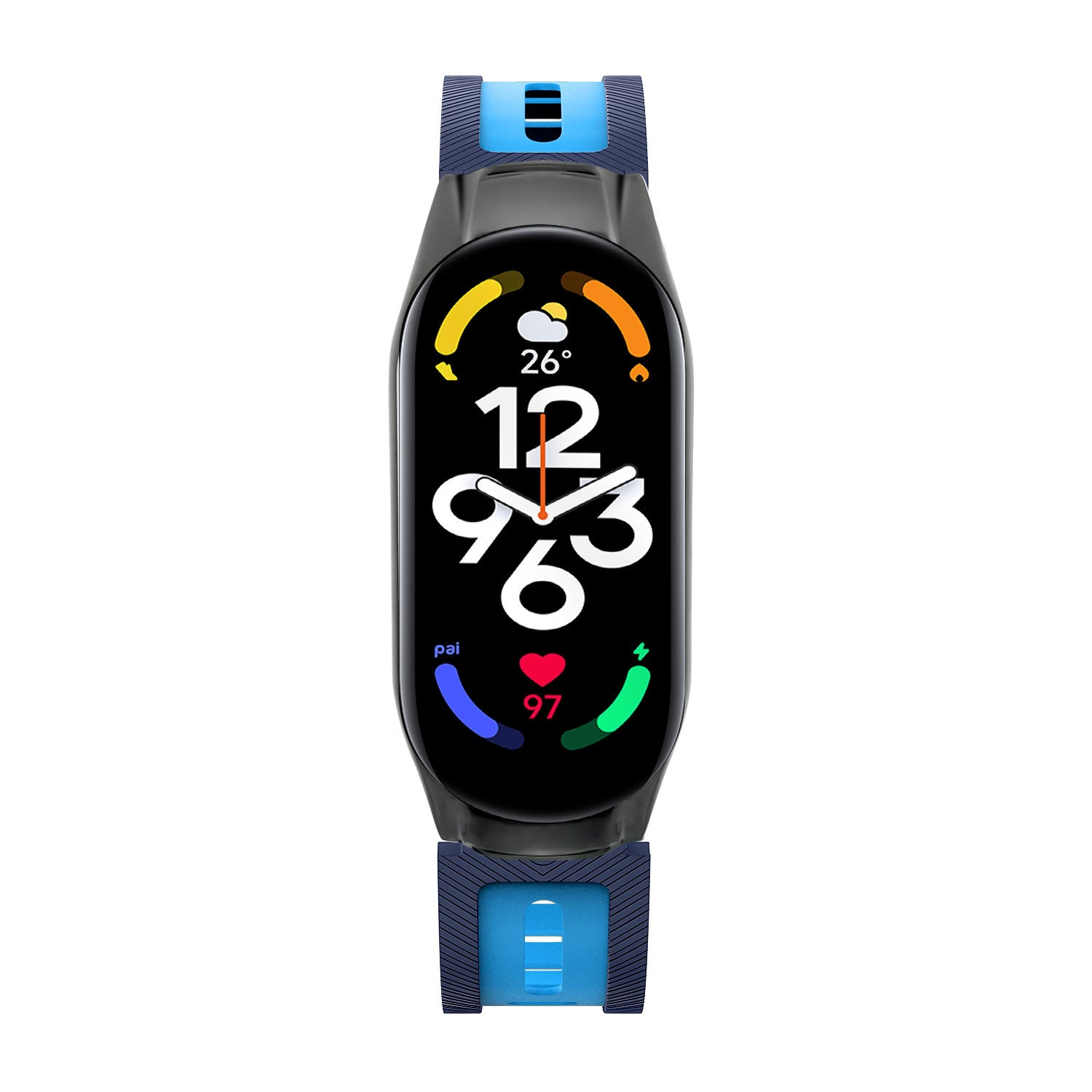 Eine schwarze Smartwatch mit blauem Armband zeigt Zeit, Temperatur und Gesundheitsdaten wie Herzfrequenz an.