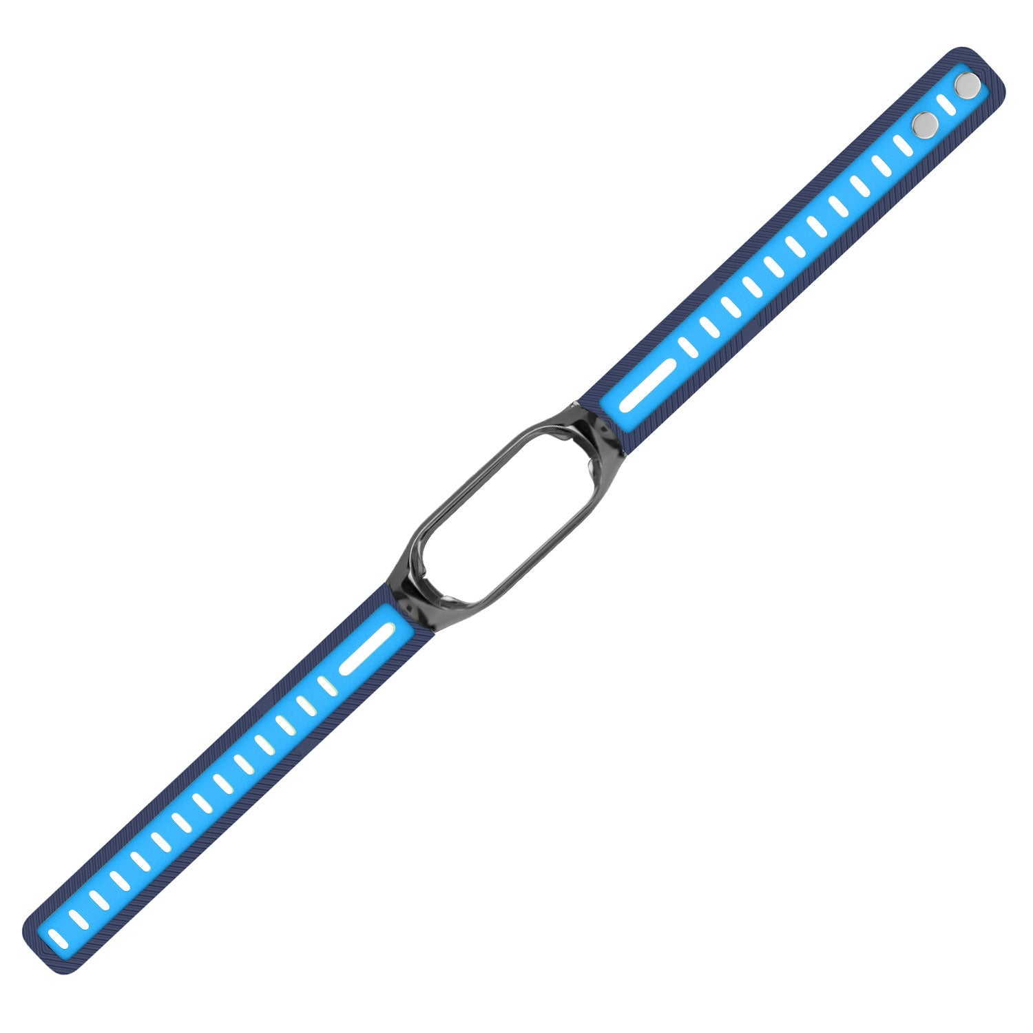 Ein blau-schwarzes Smartwatch-Armband. Das Band hat eine rechteckige Form mit einem blauen Innenteil und einem schwarzen Rahmen.