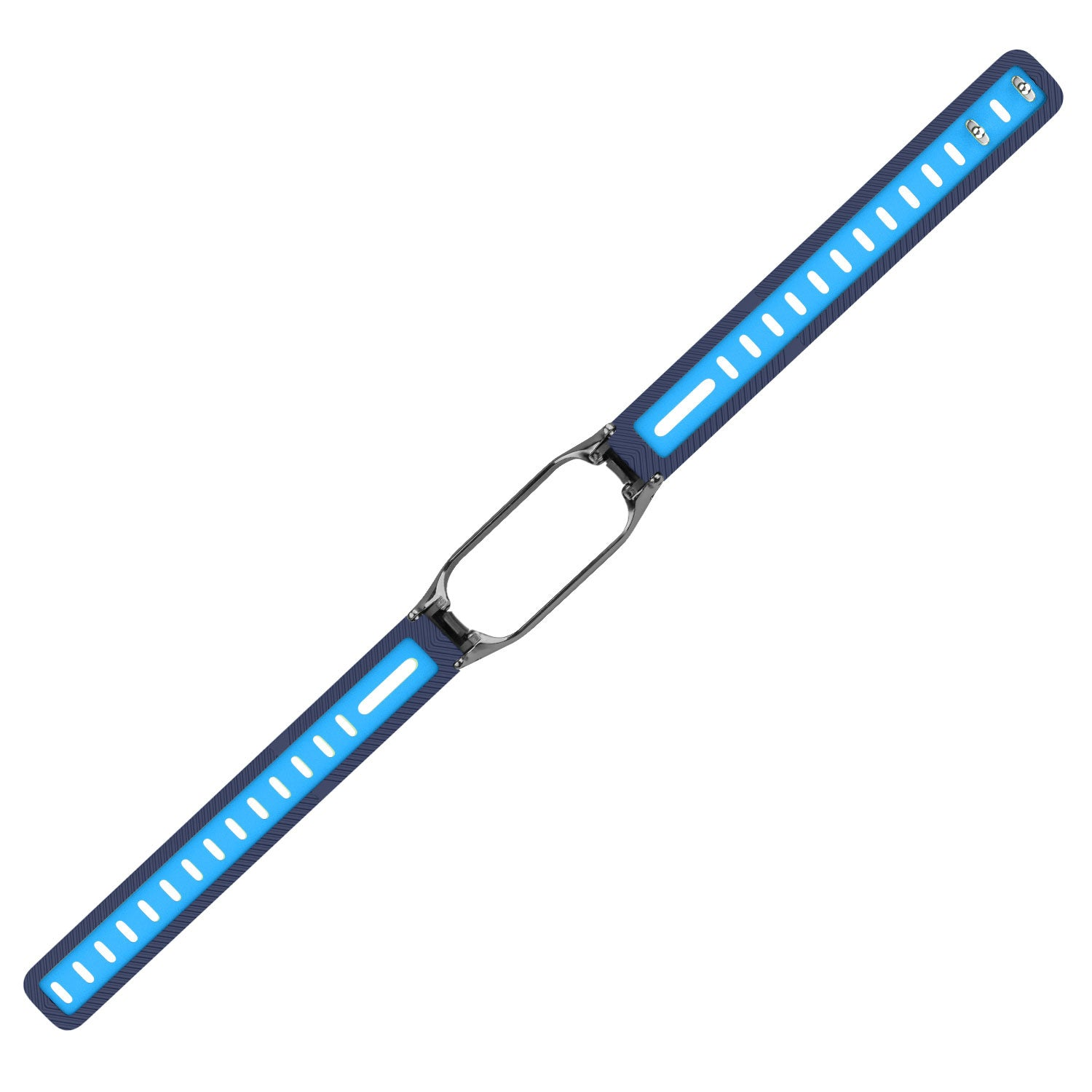 Ein blaues und silbernes Uhrenarmband liegt diagonal auf weißem Hintergrund. Es hat einen rechteckigen Rahmen in der Mitte.