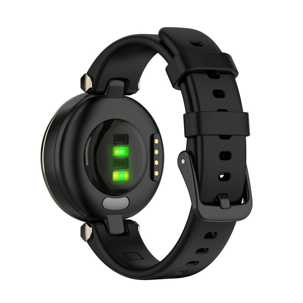 Schwarze Smartwatch mit rundem Zifferblatt und schwarzem Armband. Die Unterseite zeigt grüne Lichter und Sensoren.