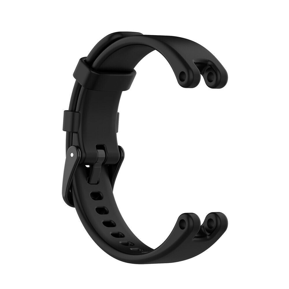 Ein schwarzes, gebogenes Uhrenarmband wird angezeigt. Es hat Löcher zur Anpassung und zwei Befestigungspunkte. Der Hintergrund ist weiß.