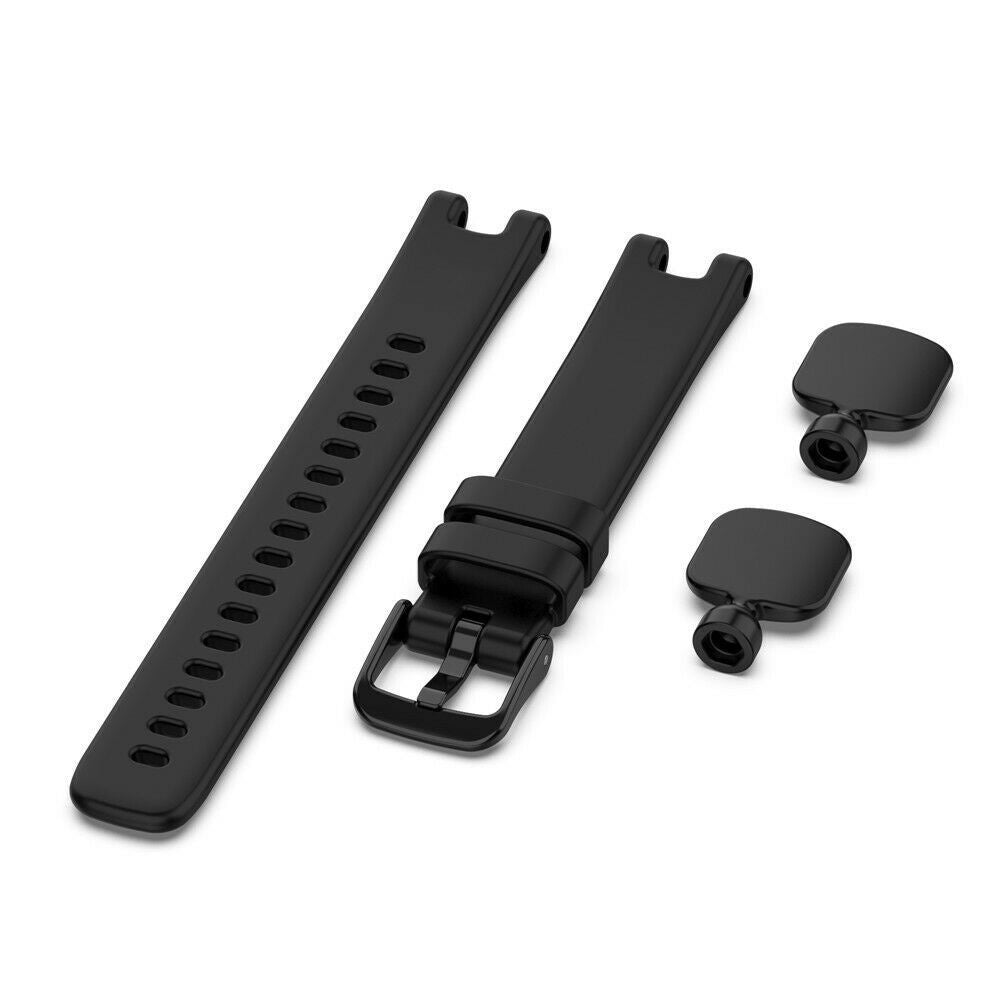 Schwarzes Uhrenarmband-Set auf weißem Hintergrund. Enthält zwei Armbandteile und zwei kleine Verbinder.
