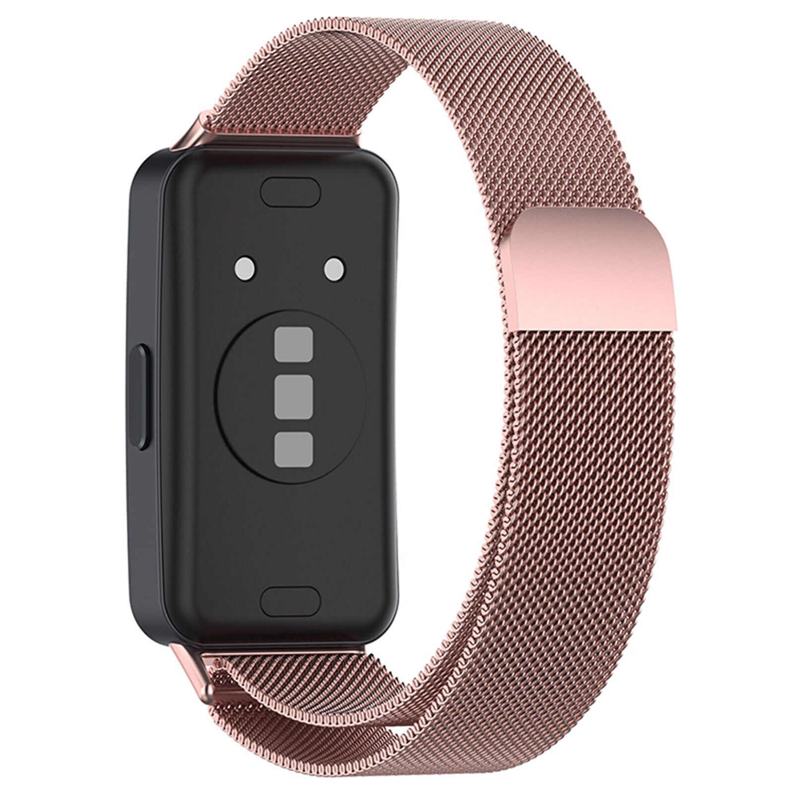 Eine roségoldene Smartwatch mit schwarzem Gehäuse. Das Armband ist aus roségoldenem Mesh. Die Rückseite der Uhr hat Sensoren.