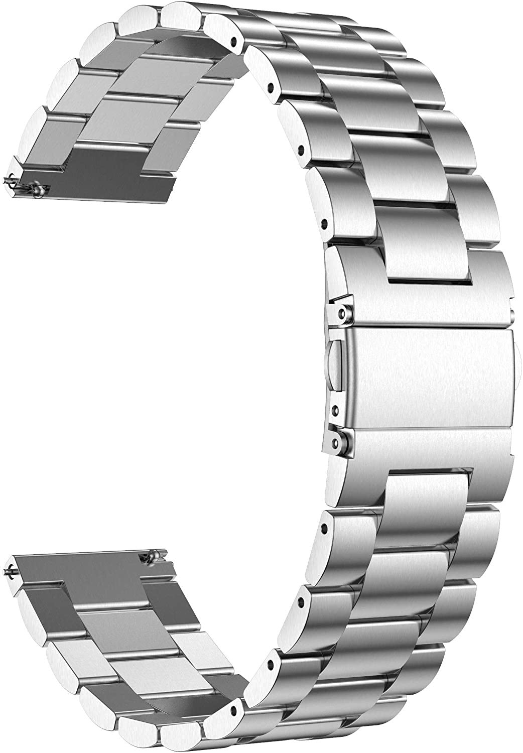 Ein silbernes Metall-Uhrenarmband ist gebogen. Das Band besteht aus verbundenen rechteckigen Gliedern, mit Verschluss und Stiften.