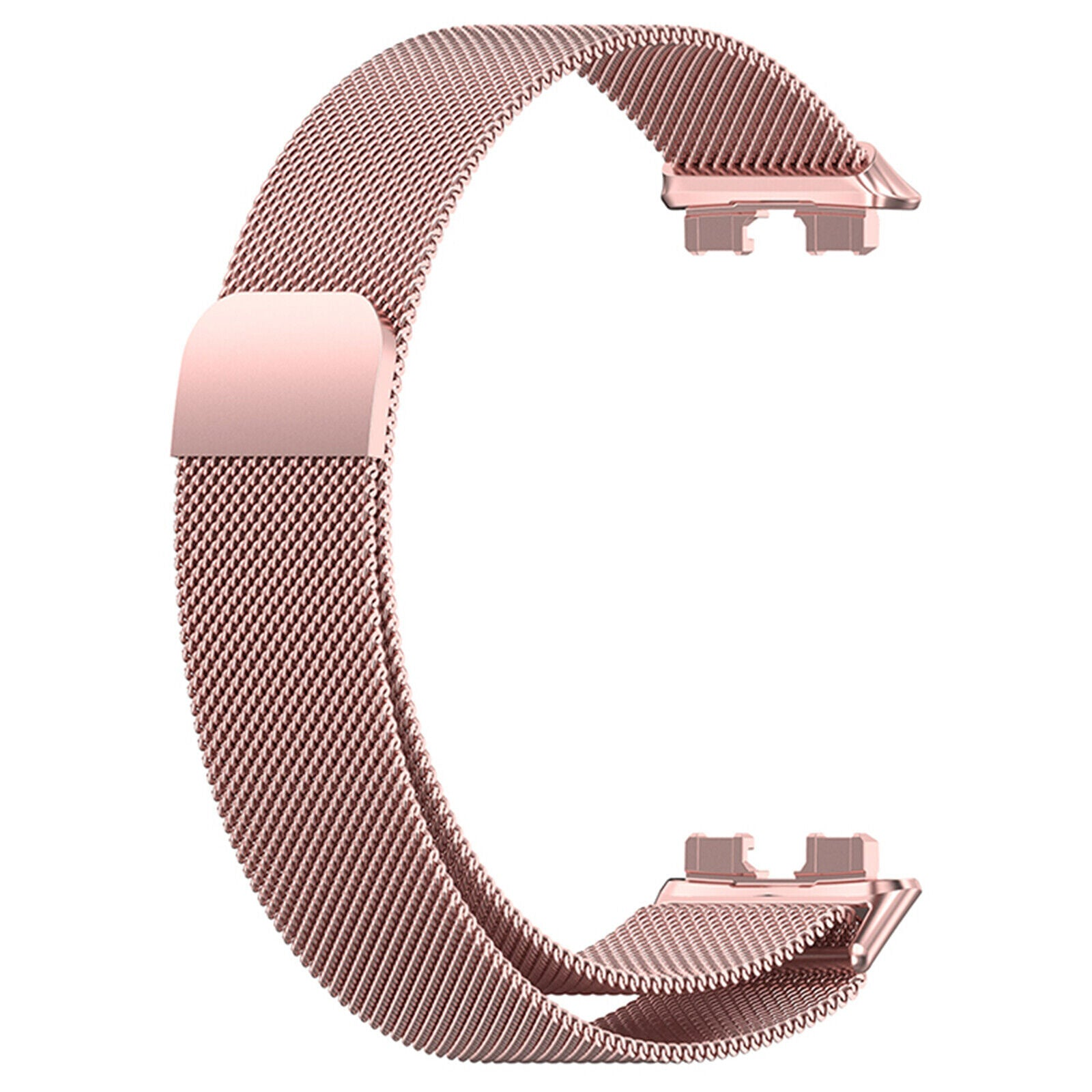 Ein roségoldenes Uhrenarmband mit Mesh-Design. Es ist C-förmig gebogen und hat an beiden Enden Verschlüsse.