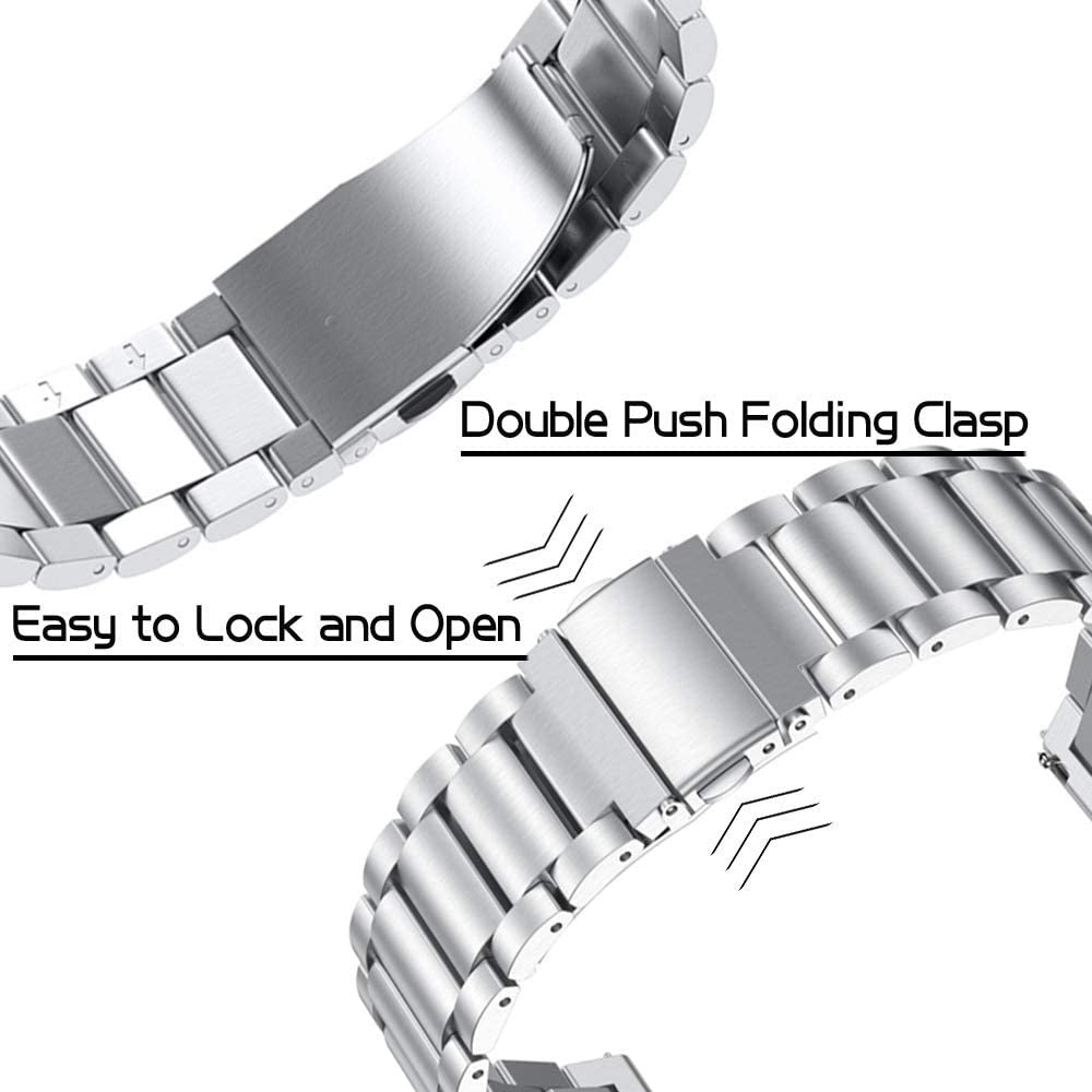 Nahaufnahme eines silbernen Armbandverschlusses mit der Aufschrift 'Double Push Folding Clasp', Text 'Easy to Lock and Open' und Pfeilen.