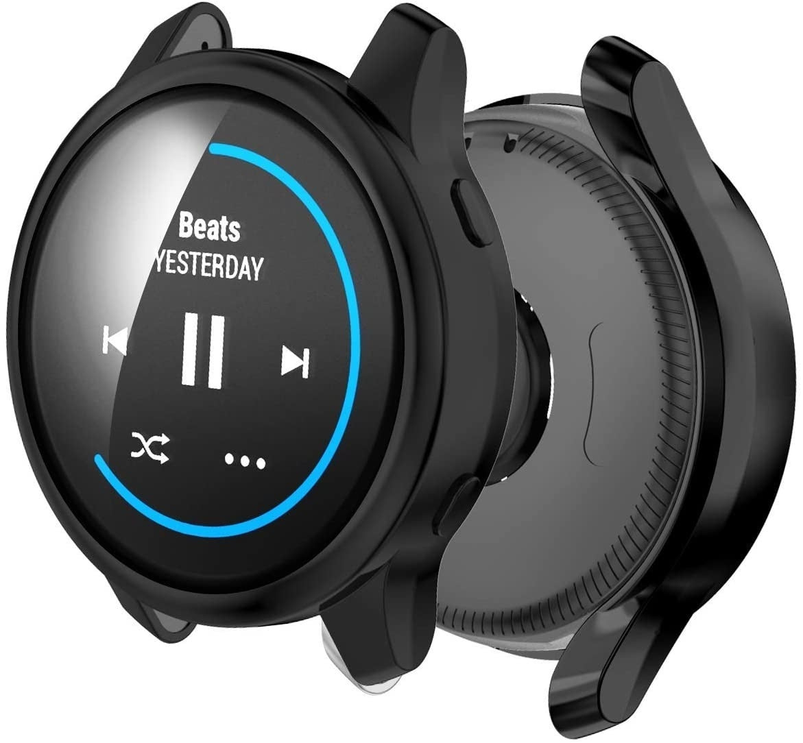 Eine schwarze Smartwatch mit Musikoberfläche, die 'Beats' und 'Yesterday' anzeigt. Der Bildschirm zeigt Wiedergabe/Pause und Navigation.