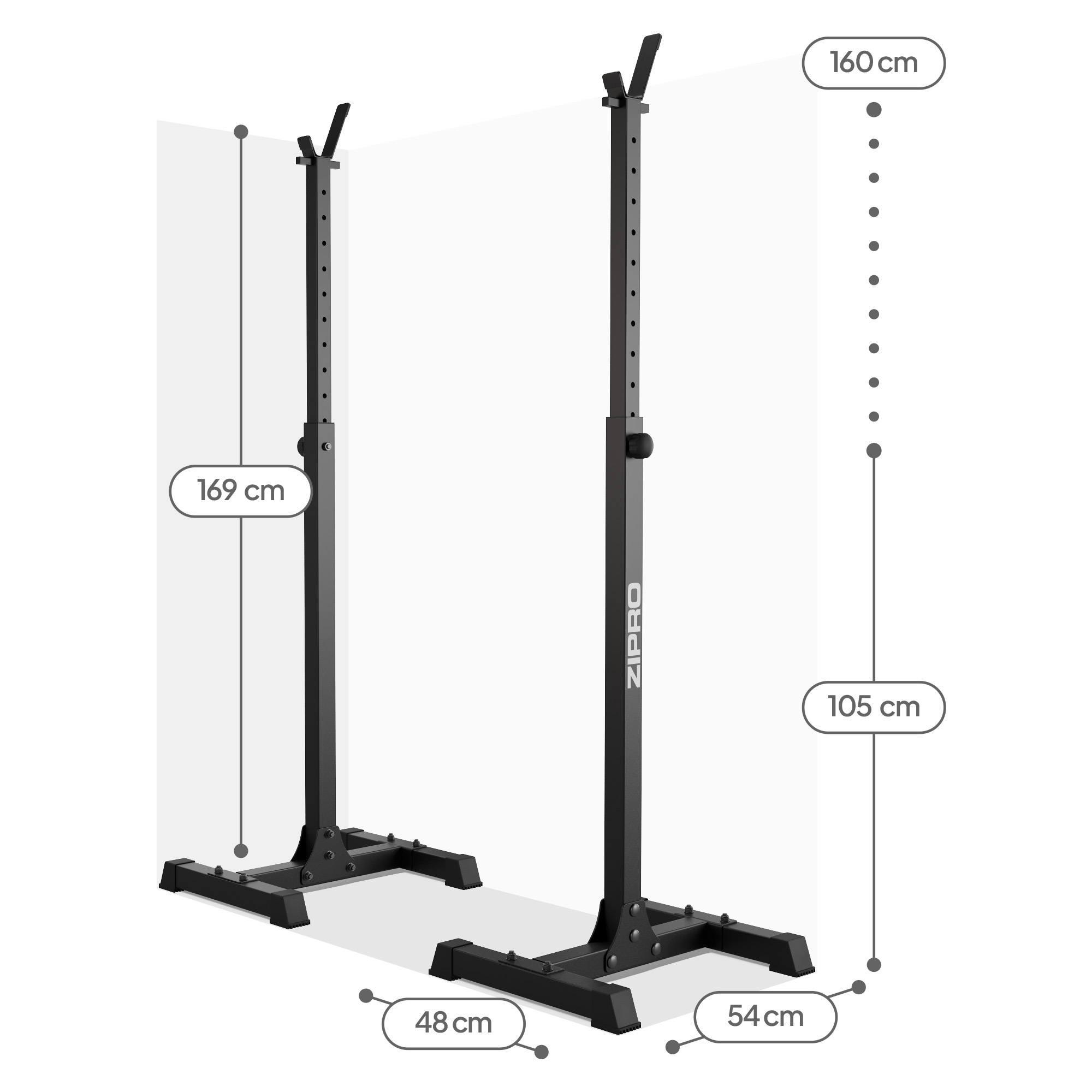 Schwarzes Gewichthebergestell mit den Maßen: 169 cm Höhe, 48 cm Breite, 160 cm Höhe und 54 cm Breite. Die Marke ist ZIPRO.