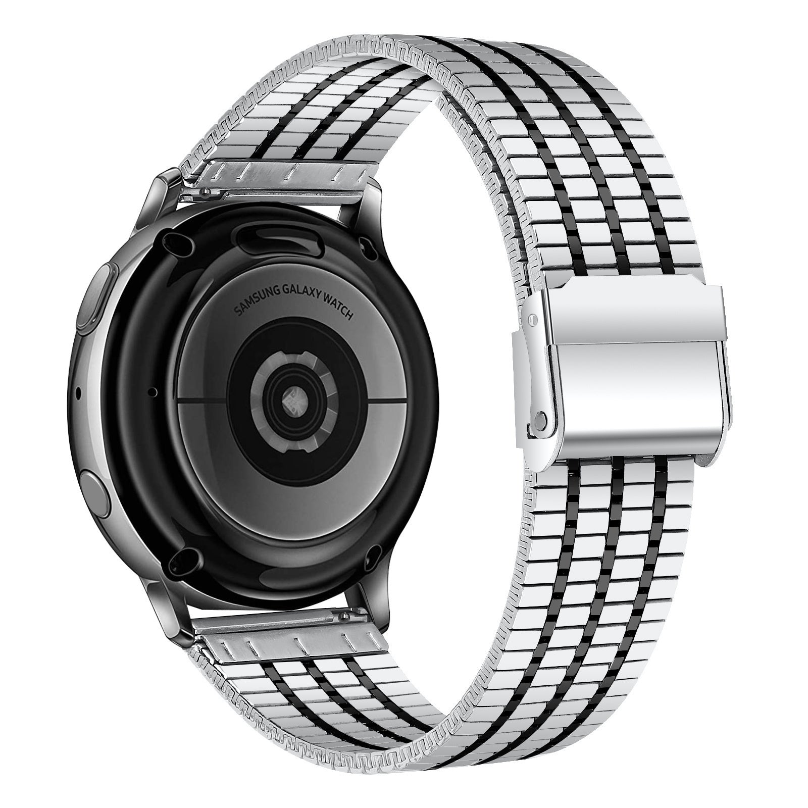 Samsung Galaxy Watch mit silbernem Metallarmband. Die Uhr ist schwarz mit silberner Lünette. Das Armband hat abwechselnd silberne und schwarze Glieder.