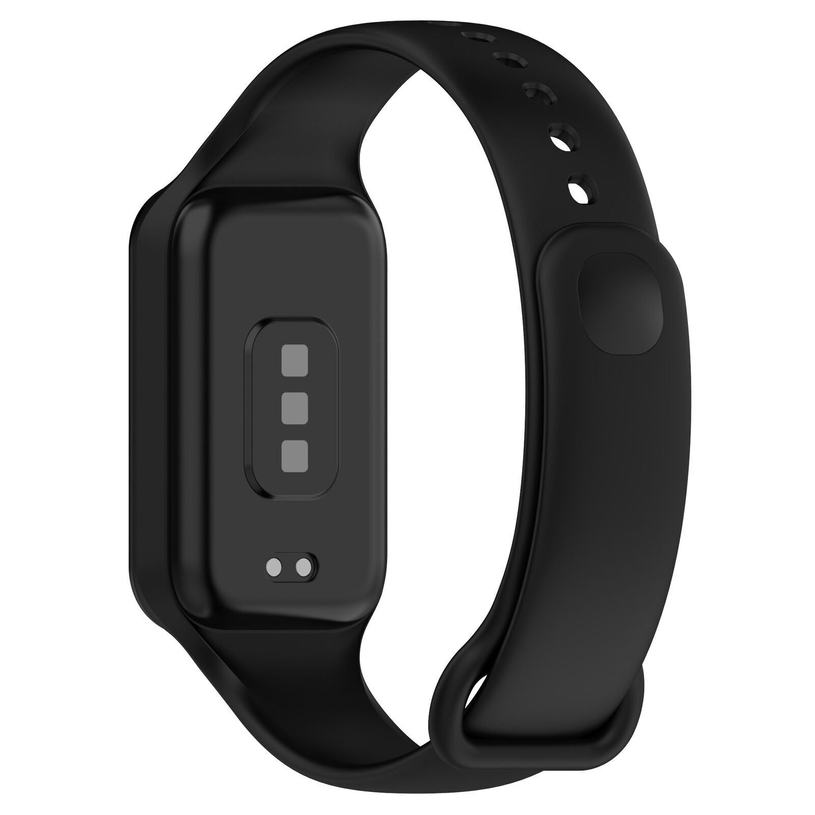 Schwarzer Fitnesstracker. Er hat einen rechteckigen Bildschirm mit drei Quadraten. Das Band hat Löcher und eine Schnalle.