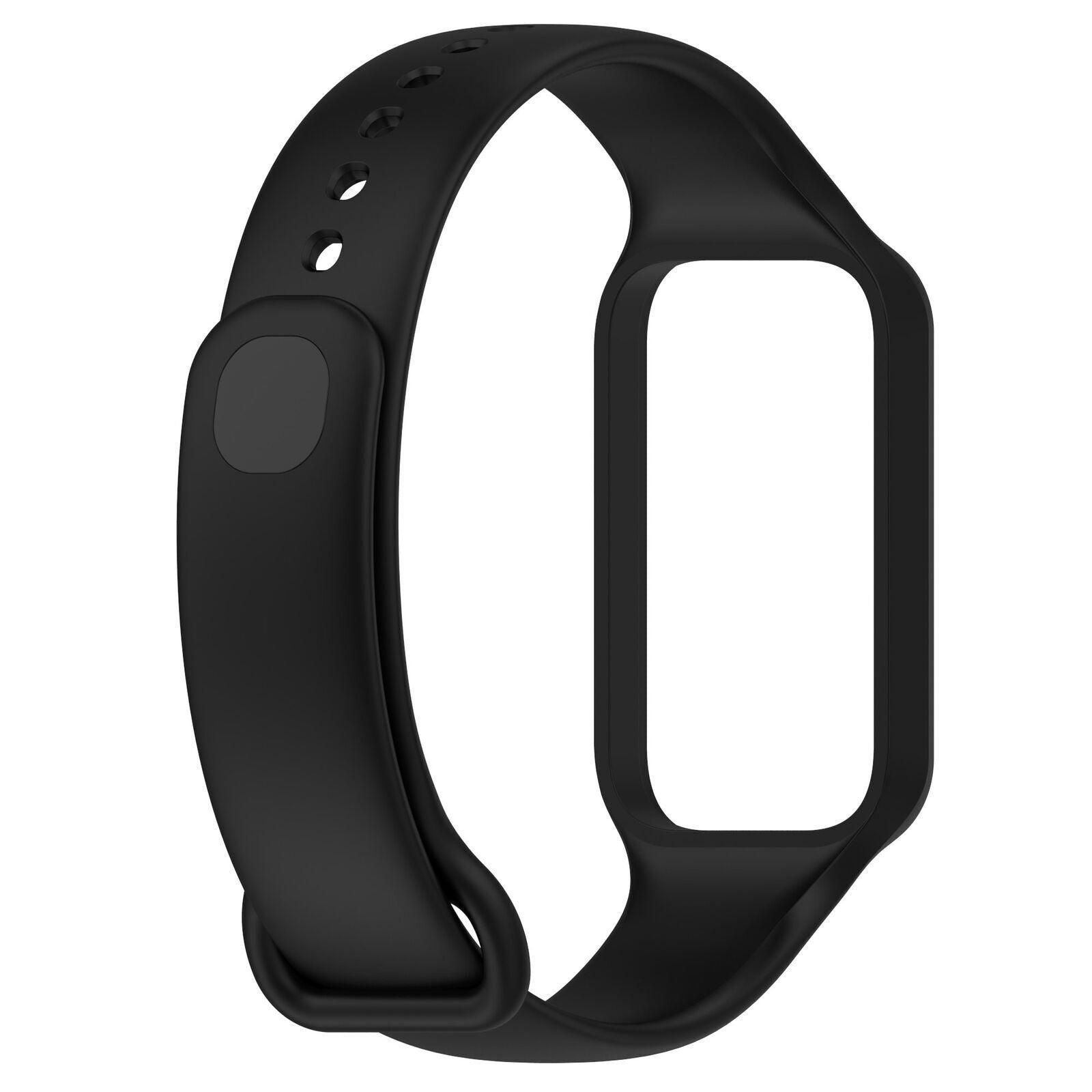 Ein schwarzes Uhrenarmband mit Löchern und einer Schnalle. Es umrundet ein weißes Rechteck.