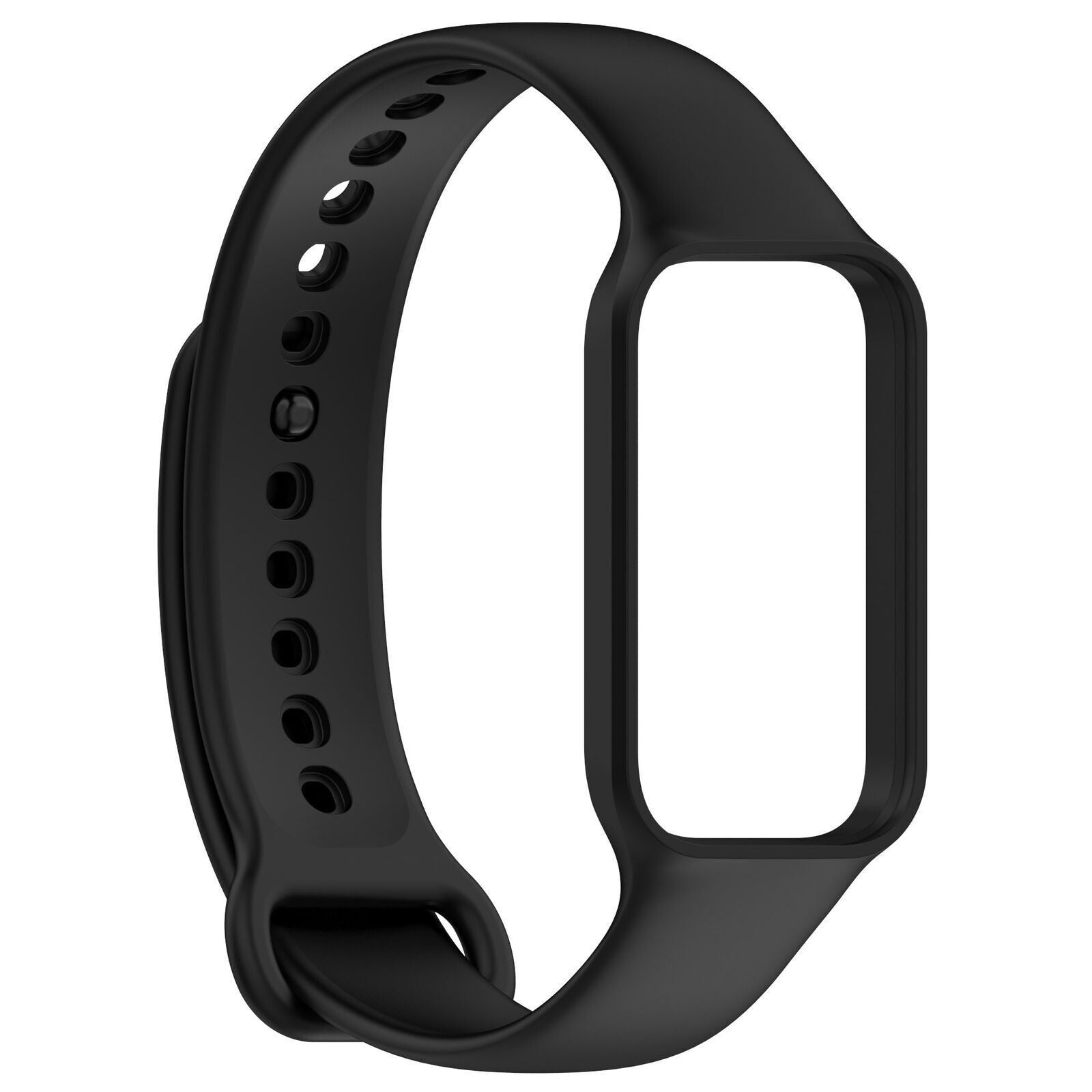 Schwarzes Smartwatch-Armband mit Löchern und einer rechteckigen Öffnung. Das Band ist gebogen und hat eine glatte Textur vor weißem Hintergrund.