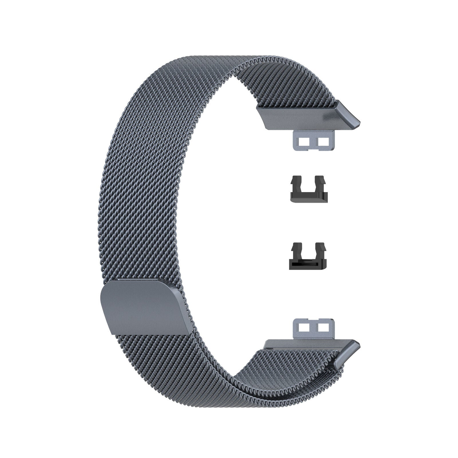 Ein graues Metall-Armband mit zwei Steckern und zwei schwarzen Verschlüssen, vor weißem Hintergrund.