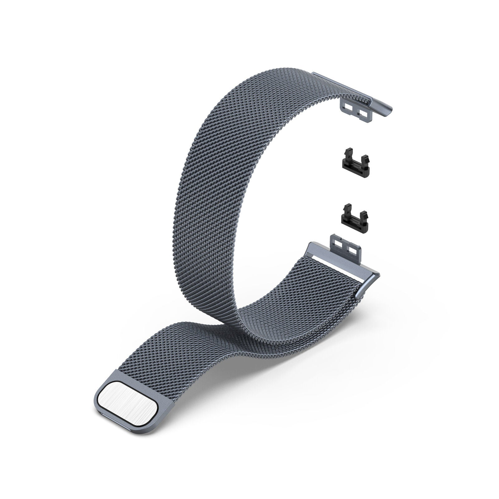 Ein silbernes Mesh-Uhrenarmband mit schwarzen Anschlüssen auf weißem Hintergrund. Das Band ist gebogen, und die Anschlüsse sind getrennt.