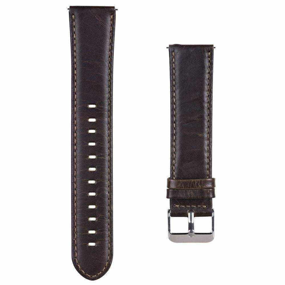 Zwei braune Lederuhrenarmbänder. Eines hat Löcher und das andere eine Schnalle. Beide sind mit beigem Faden genäht.