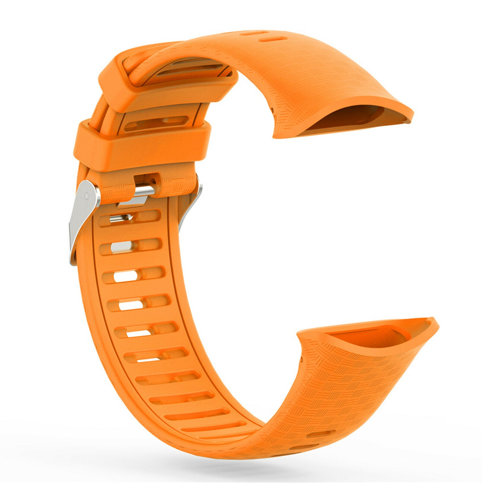 Orangenes Armband, gebogenes Design. Schnalle mit silberner Hardware. Strukturierte Oberfläche am Innenteil, Löcher zur Anpassung.