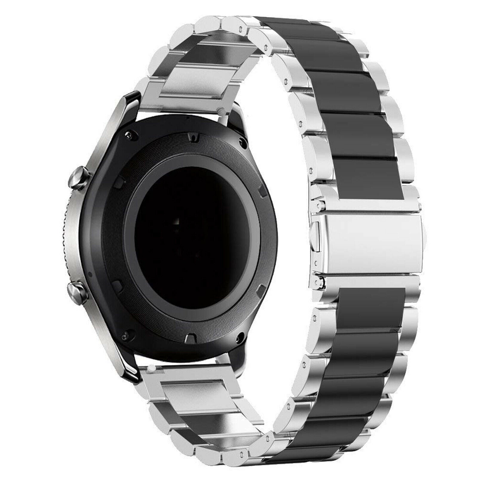 Eine Smartwatch mit schwarzem Zifferblatt und silbernem Armband. Das Armband hat schwarze Glieder. Der Hintergrund ist weiß.