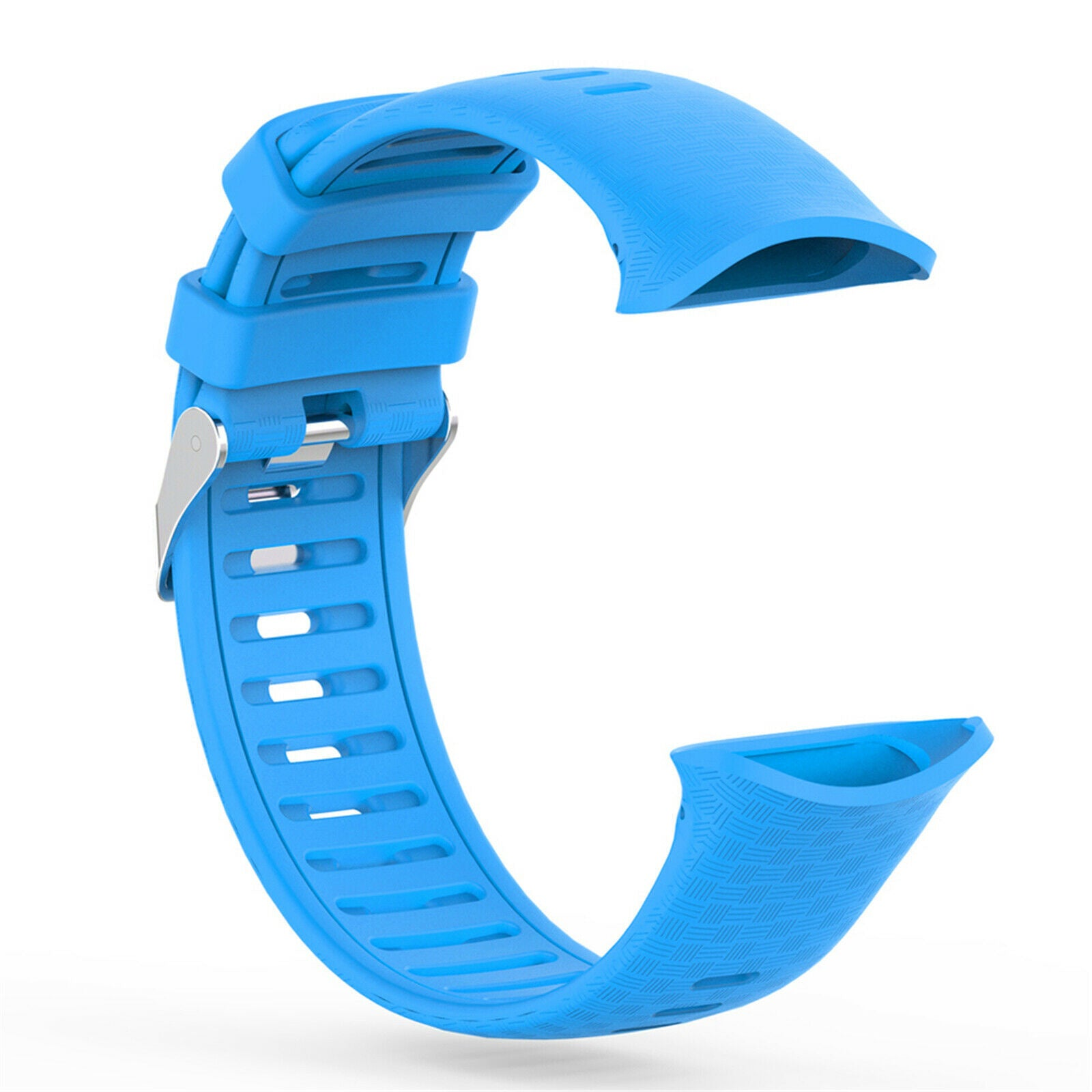 Ein blaues Uhrenarmband mit Metallverschluss ist vor weißem Hintergrund gebogen. Es ist aus Silikon.
