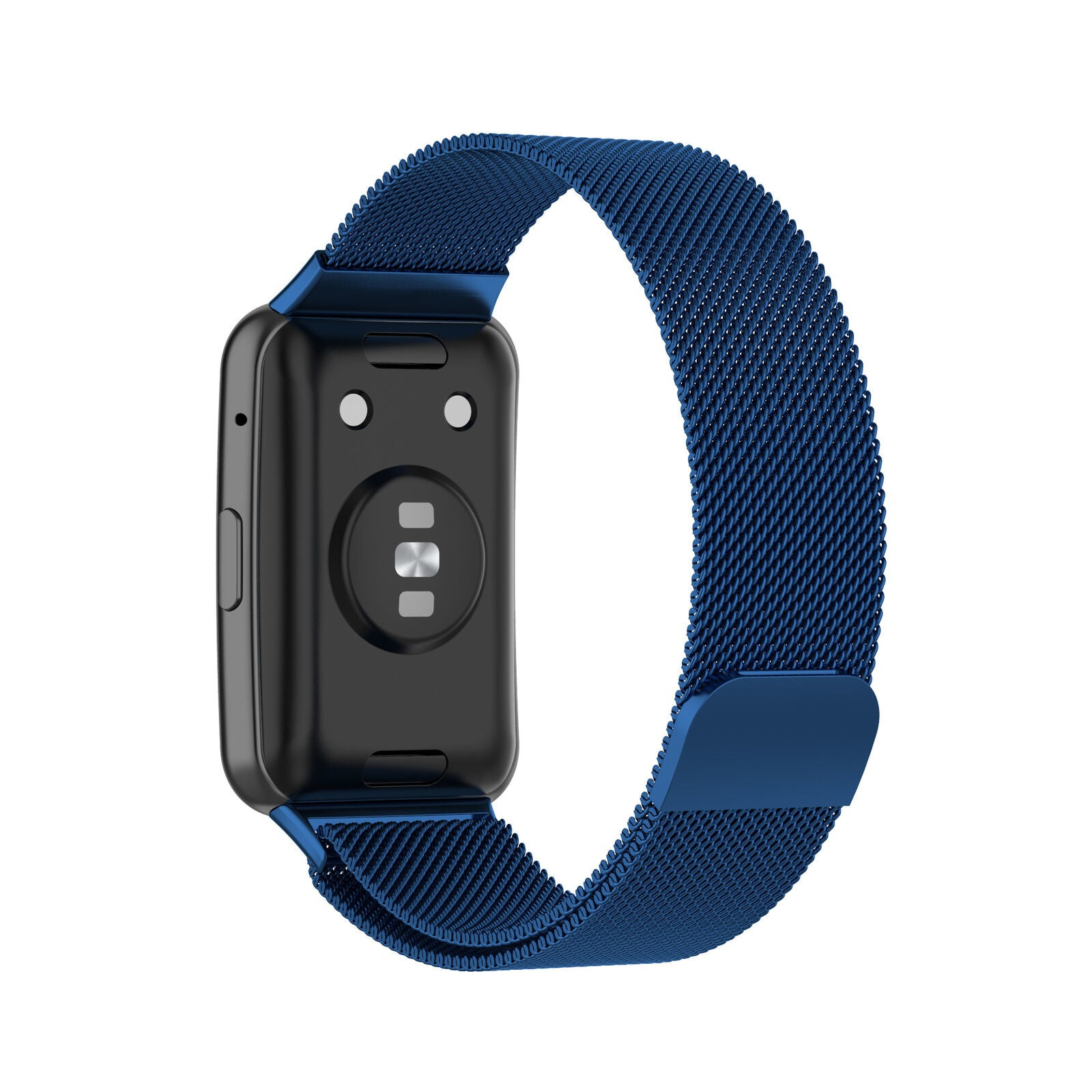 Eine blaue Smartwatch mit Mesh-Armband wird vor weißem Hintergrund gezeigt. Die Uhr ist schwarz.