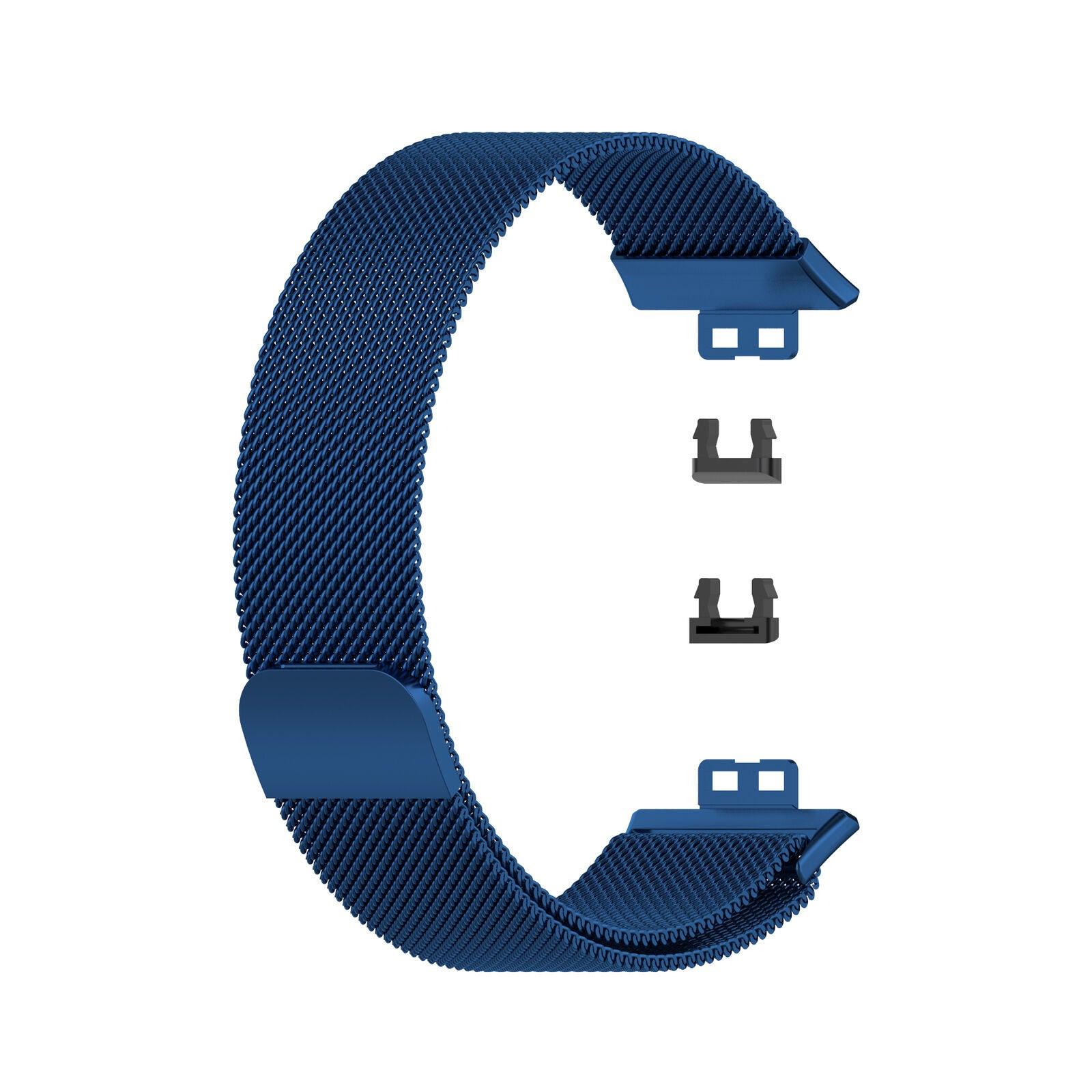 Ein blaues Mesh-Armband mit zwei Verbindungsstücken und zwei schwarzen Verschlüssen auf weißem Grund.