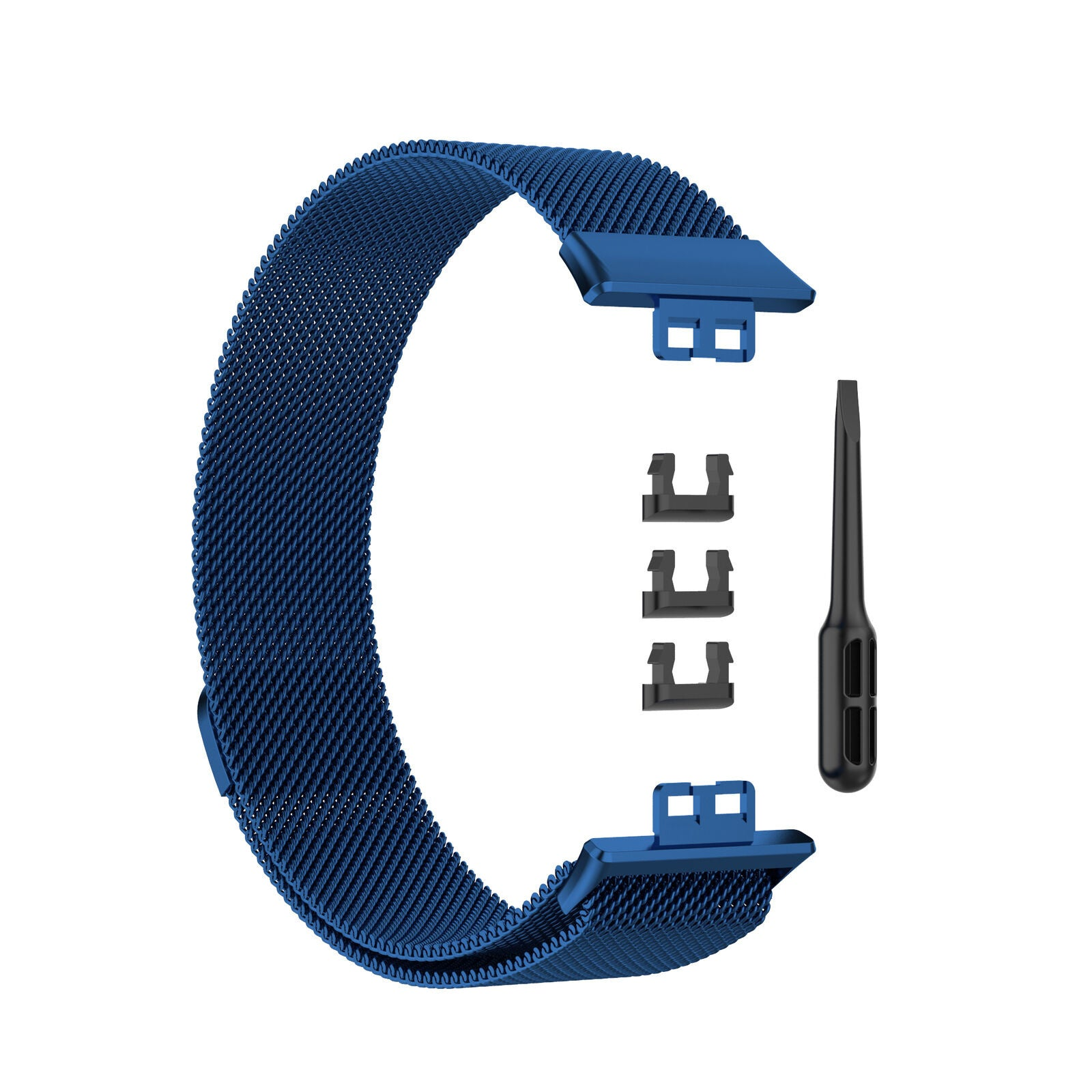 Ein blaues Uhrenarmband mit Mesh-Design, Teilen und einem Schraubendreher auf weißem Hintergrund.