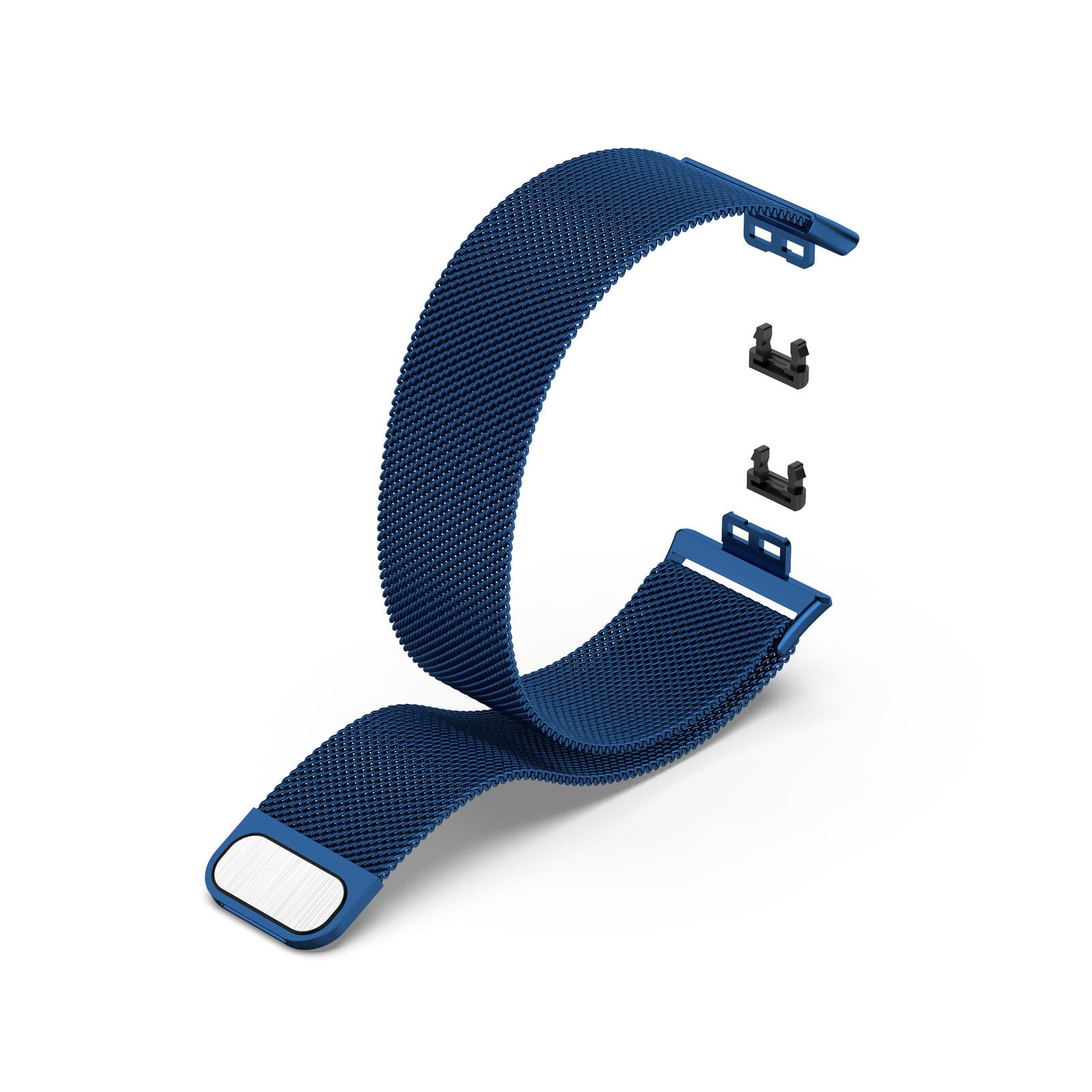Ein blaues Metallmaschen-Uhrenarmband mit seinen Anschlüssen. Zwei schwarze Anschlüsse sind abgetrennt. Weißer Hintergrund.