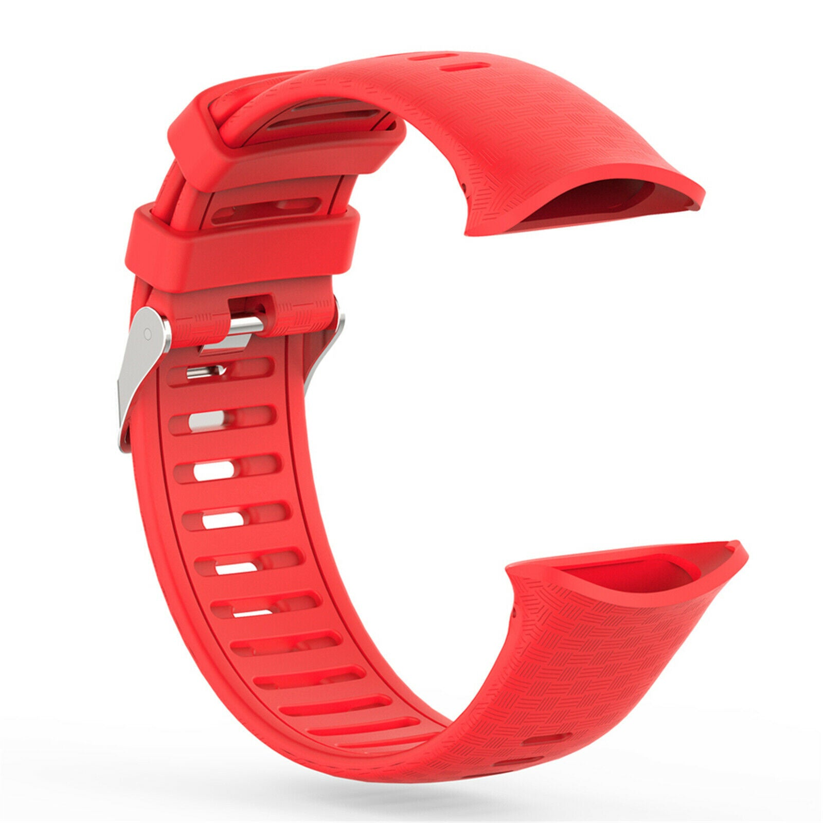Ein rotes Uhrenarmband mit Metallverschluss ist gebogen. Das Armband hat Löcher und eine strukturierte Oberfläche.