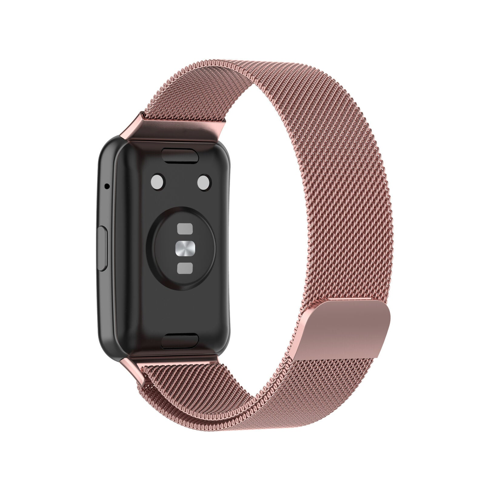 Eine roségoldene Smartwatch mit Mesh-Armband wird angezeigt. Das Zifferblatt ist schwarz. Das Armband ist um die Uhr gebogen.