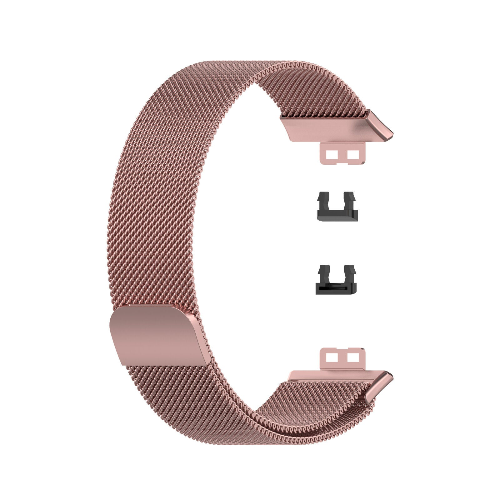 Ein roségoldenes Metalluhrenarmband. Es hat ein Mesh-Design. Zwei schwarze Anschlüsse und zwei roségoldene Verschlüsse sind ebenfalls enthalten.