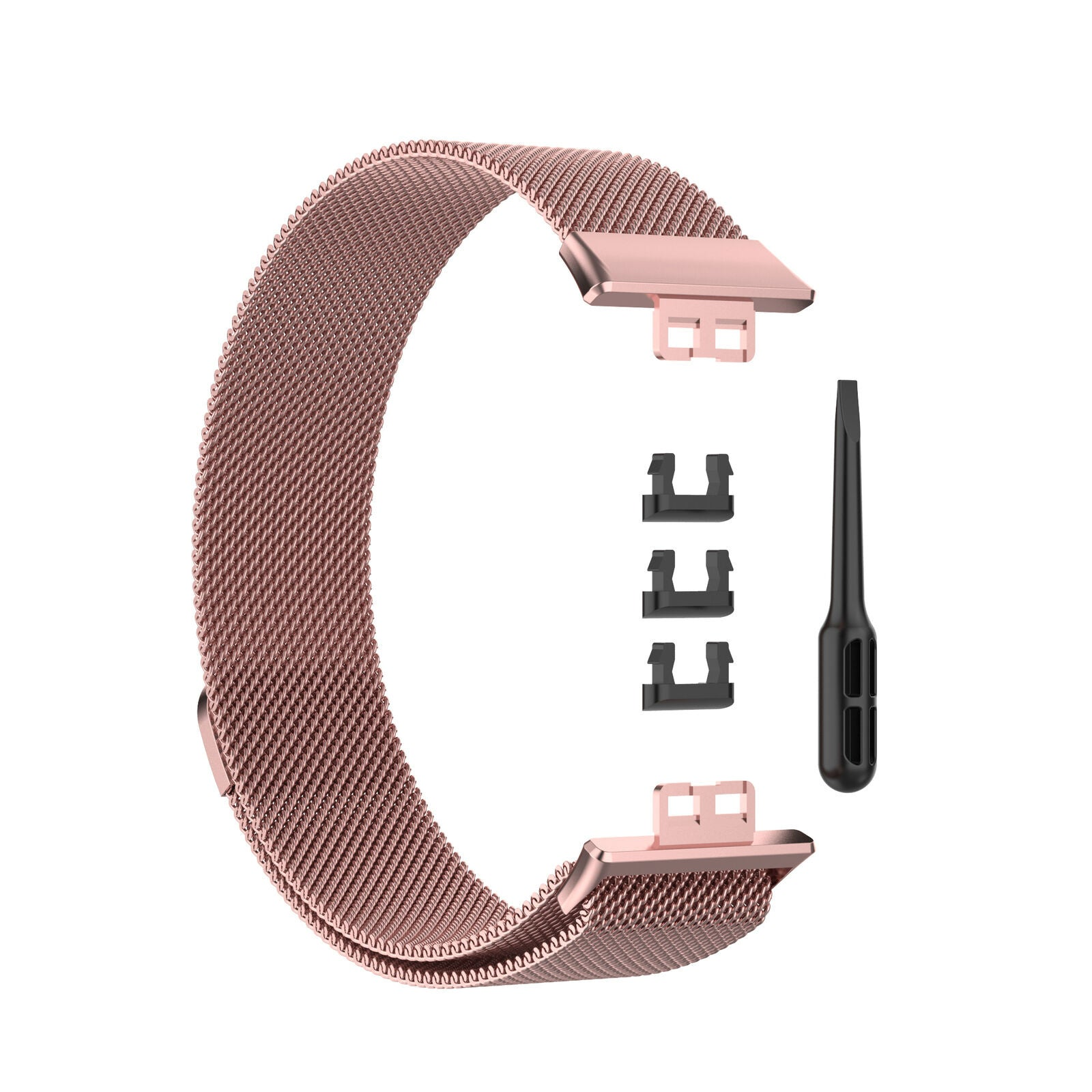 Roségoldenes Uhrenarmband mit Mesh-Design, Verschlüssen und einem schwarzen Werkzeug auf weißem Hintergrund.