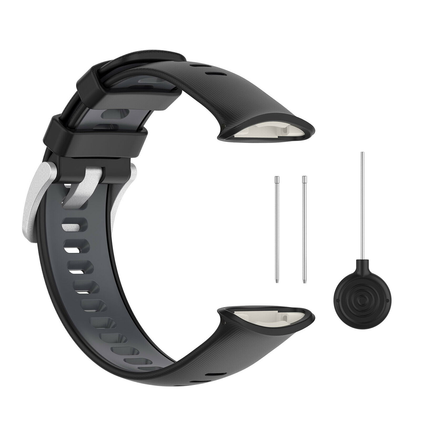 Schwarzes und graues Uhrenarmband mit silberner Schließe, Stiften und einem Werkzeug. Das Armband ist gebogen und zeigt Details.