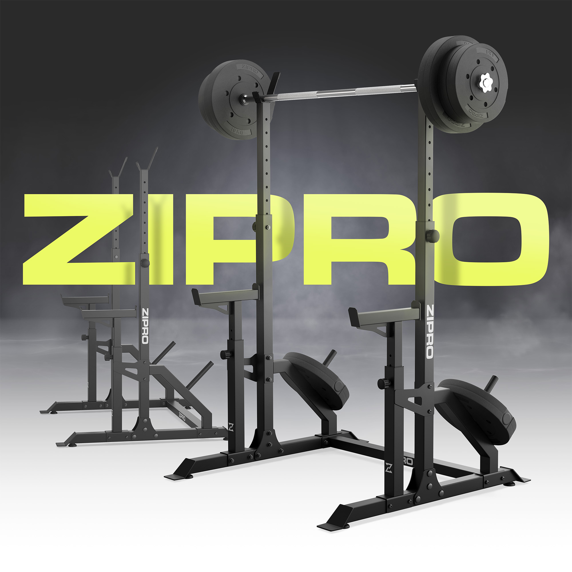 Equipo de entrenamiento con pesas negro Zipro. Incluye un soporte para sentadillas con pesas y un banco adicional. Texto Zipro amarillo.