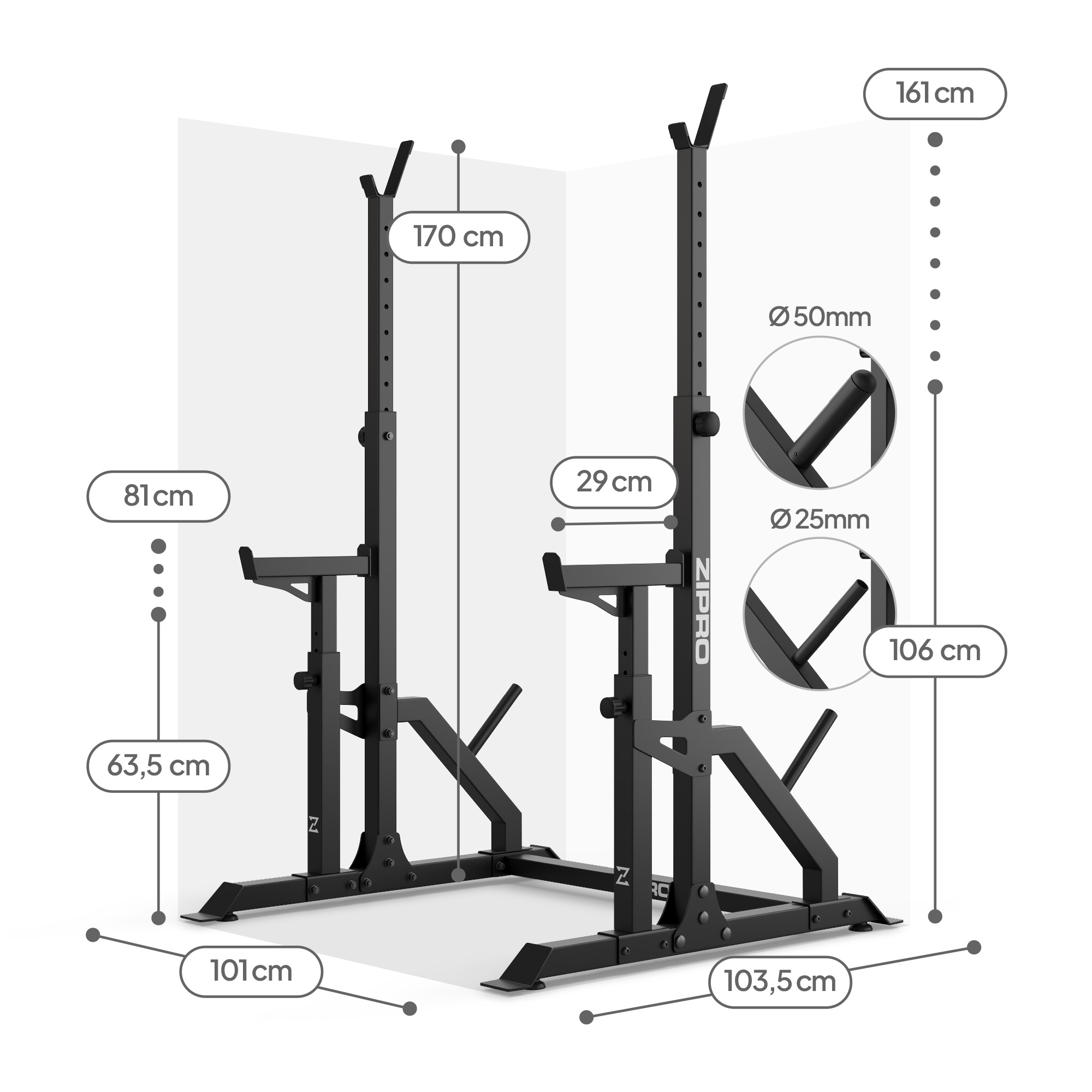 Soporte de halterofilia negro con medidas en cm. Incluye dimensiones de altura, ancho y varios componentes.