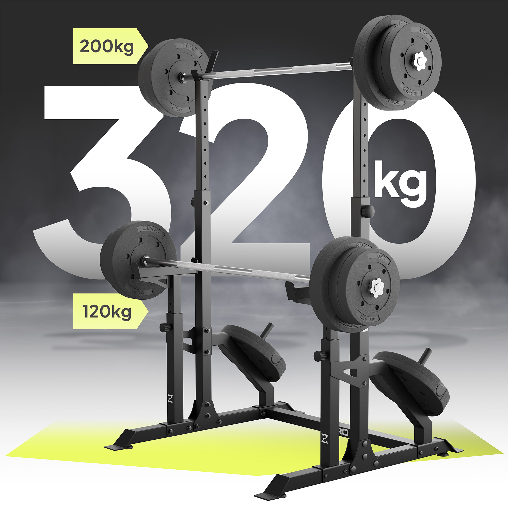 Rack de halterofilia con pesas. Muestra 320 kg de peso total, con etiquetas de 200 kg y 120 kg.