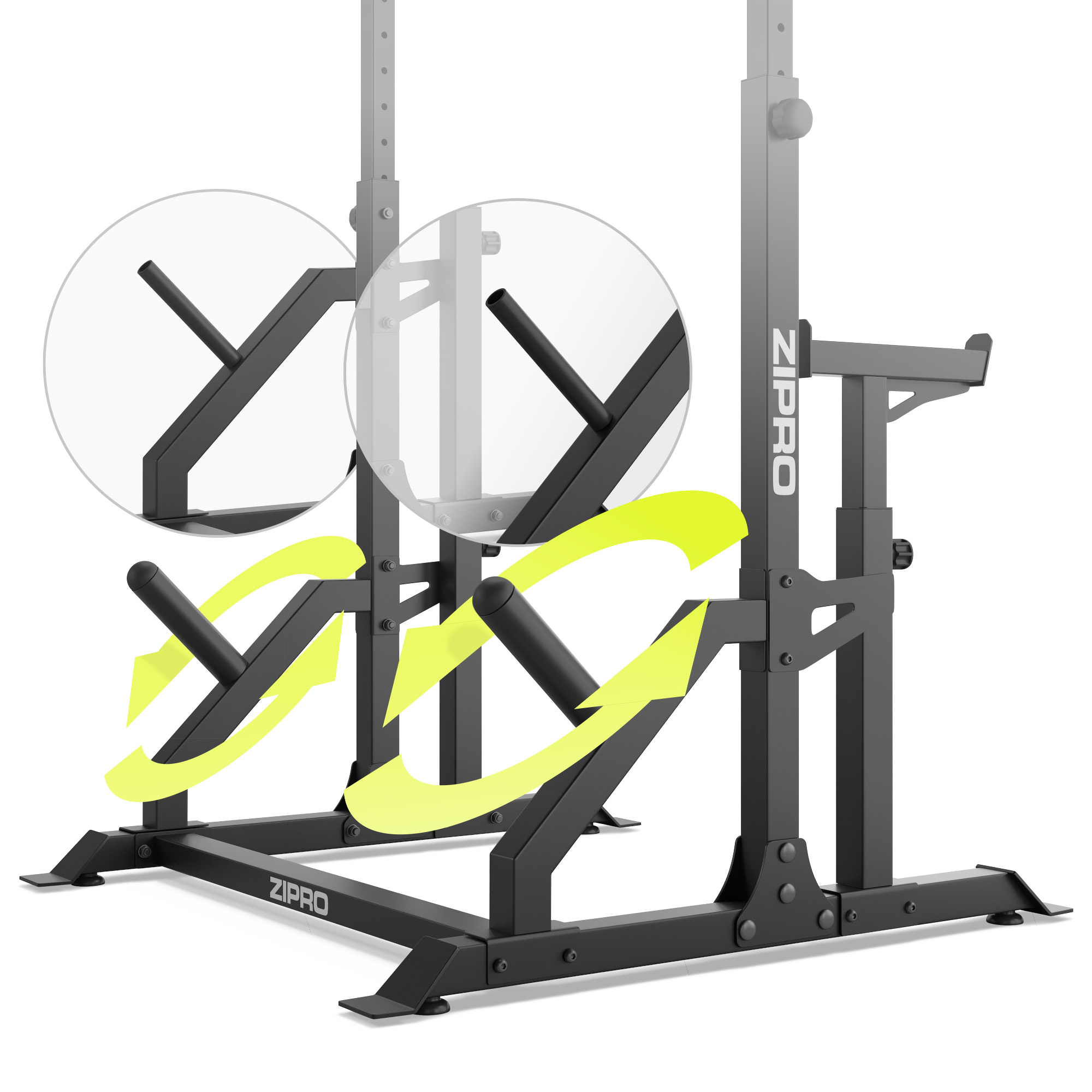 Rack de halterofilia ZIPRO negro con flechas amarillas que indican ajustes. Incluye soportes para barras y almacenamiento de pesas. Aislado en blanco.