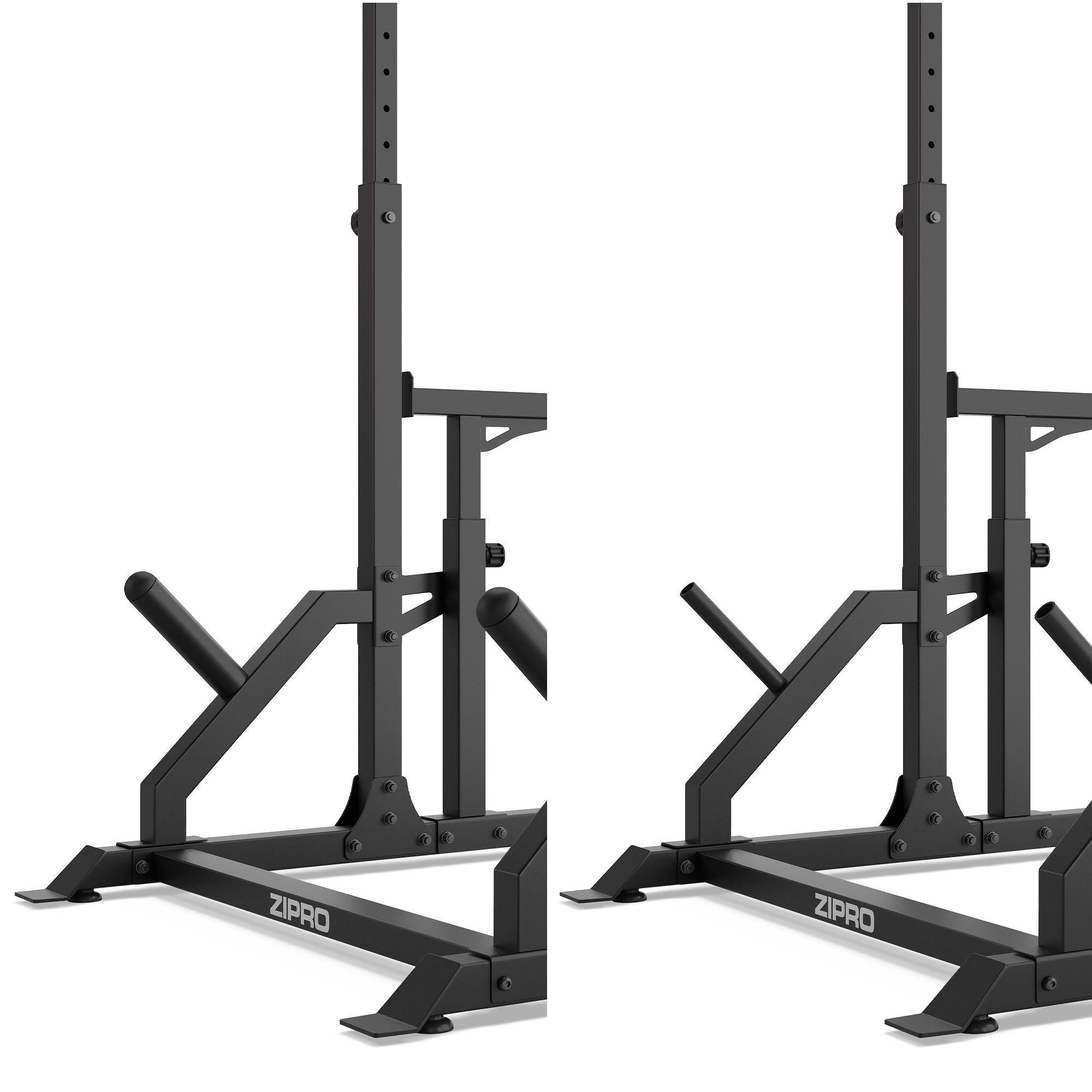 Rack de halterofilia negro. Tiene base cuadrada, soportes verticales y barras horizontales. Visible la marca ZIPRO.