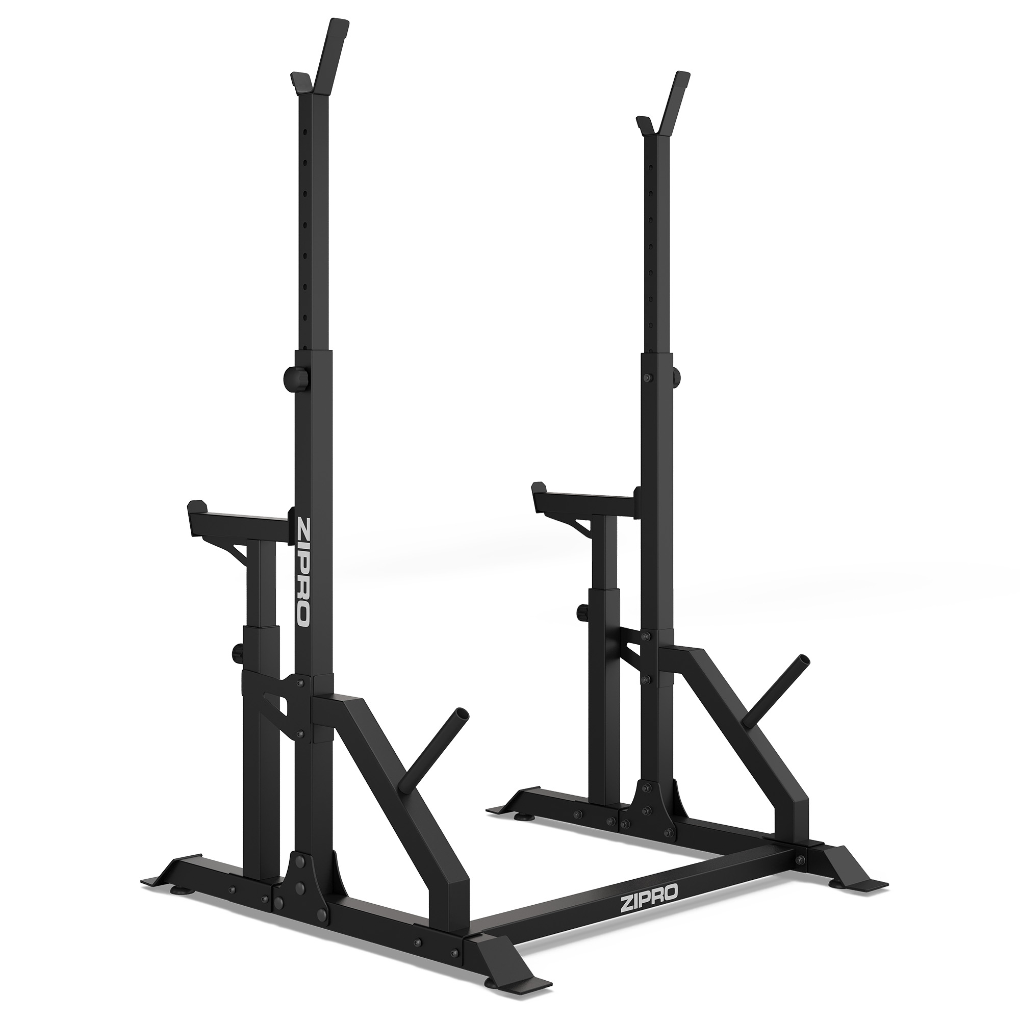 Un soporte negro para sentadillas con la marca ZIPRO. Tiene soportes ajustables y clavijas de almacenamiento de discos.