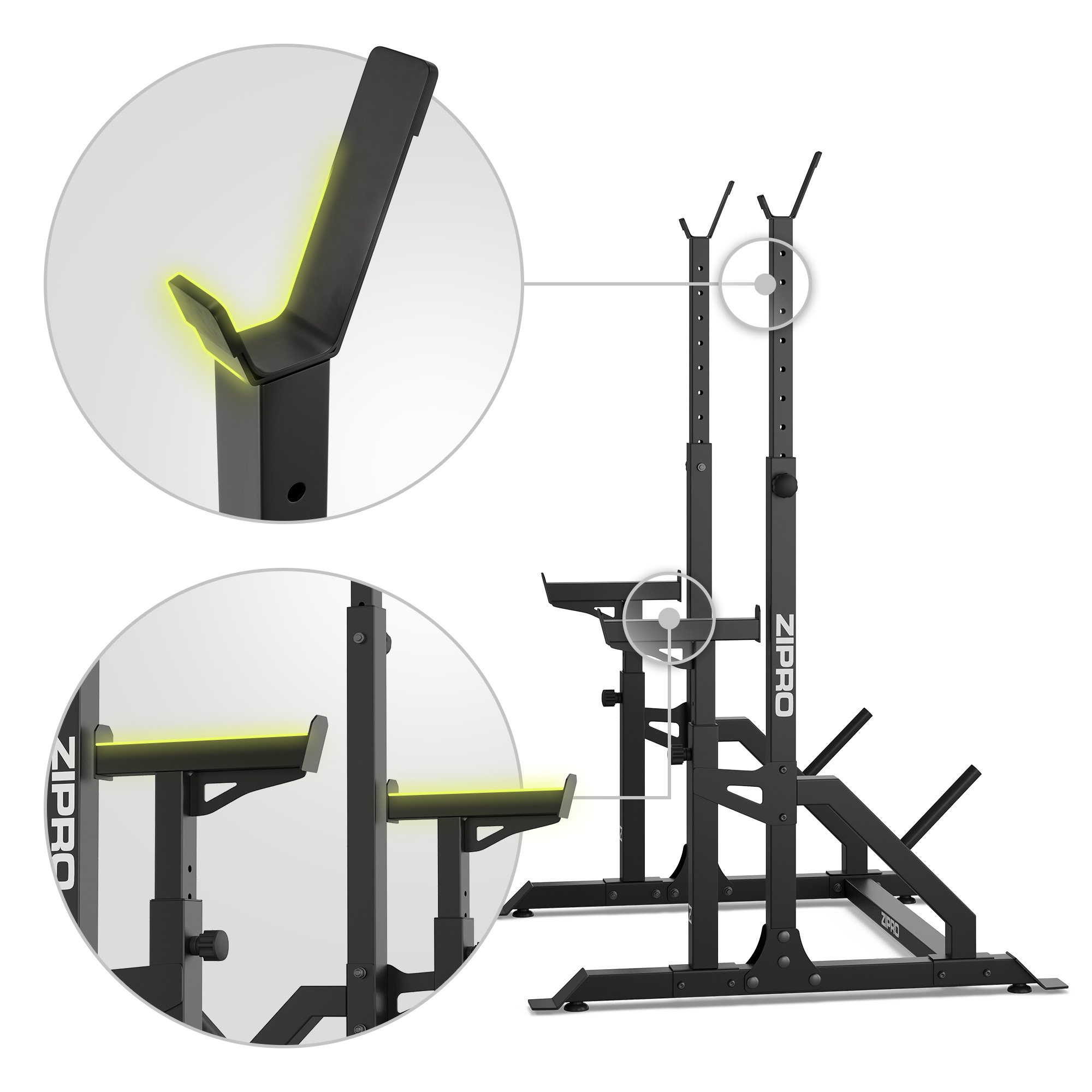 Rack de halterofilia negro. Detalles: barras de soporte resaltadas, ganchos y el logo Zipro. El fondo es blanco.
