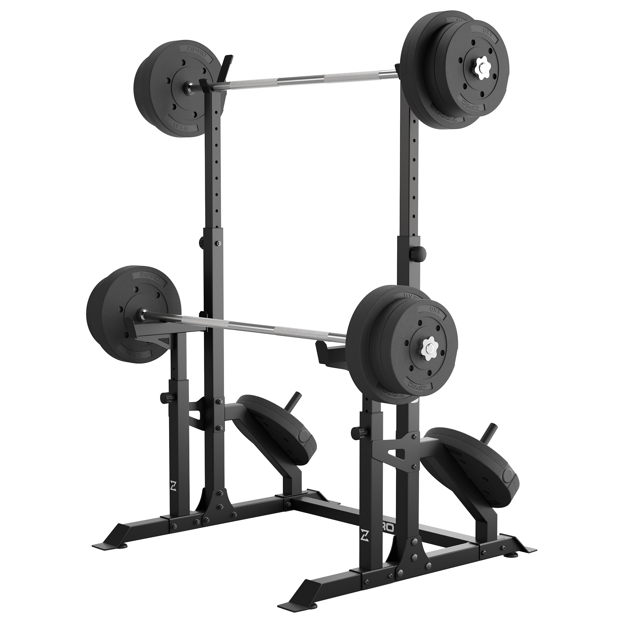 Un soporte de halterofilia negro con una barra y discos de peso. Las placas están marcadas con 10KG y ZIPRO.