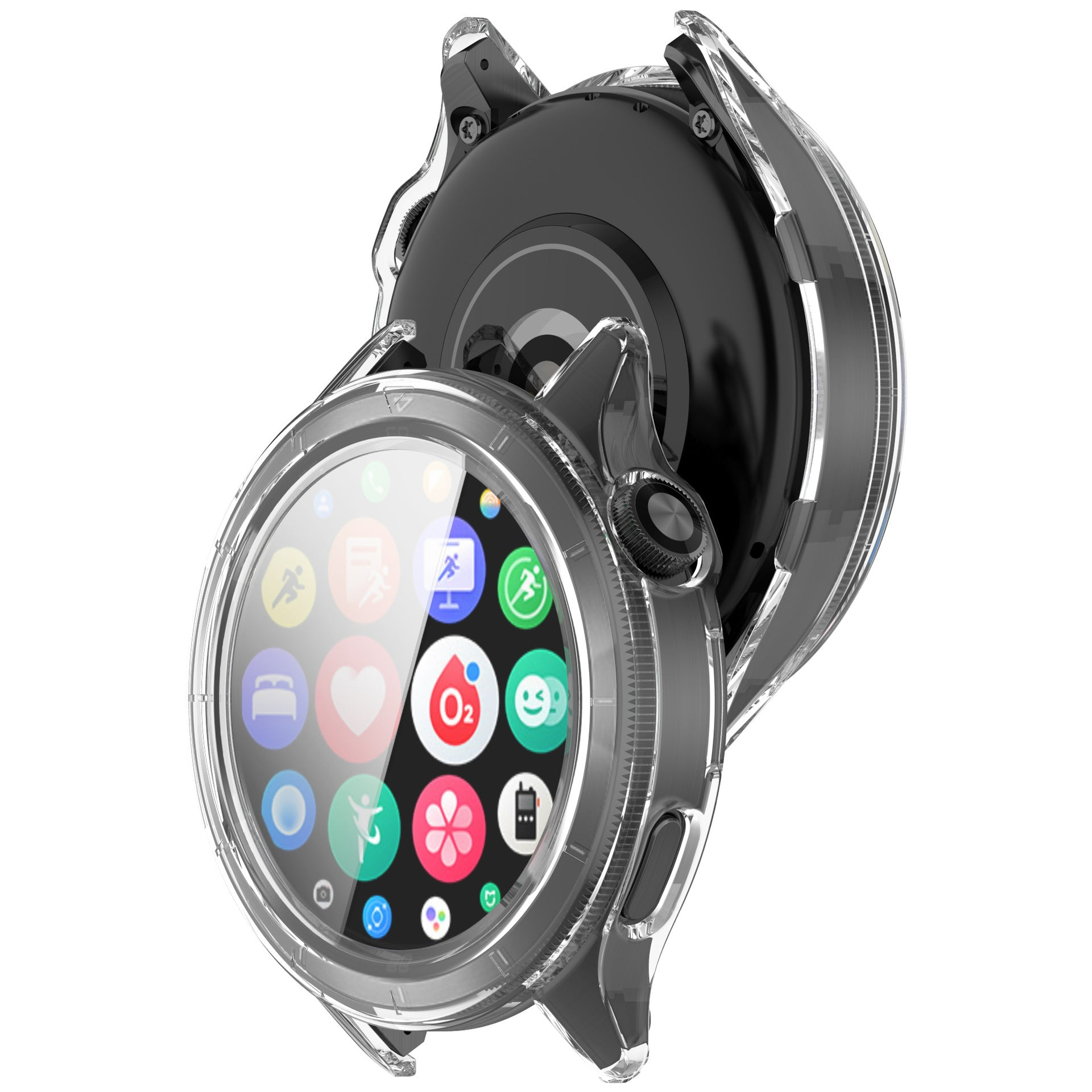 Smartwatch mit durchsichtiger Schutzhülle. Das Zifferblatt zeigt farbige App-Symbole. Die Uhr ist schwarz und silber. Der Hintergrund ist weiß.