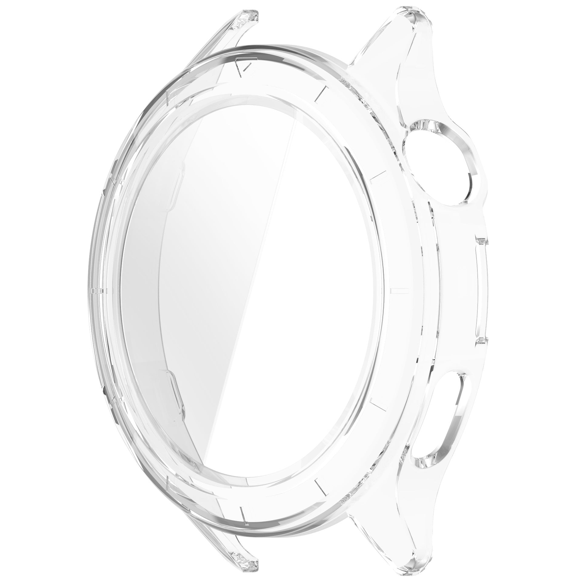 Klare Kunststoff-Uhrenhülle. Die Hülle ist transparent, kreisförmig und hat Stege für das Uhrenarmband. Sie befindet sich auf weißem Hintergrund.